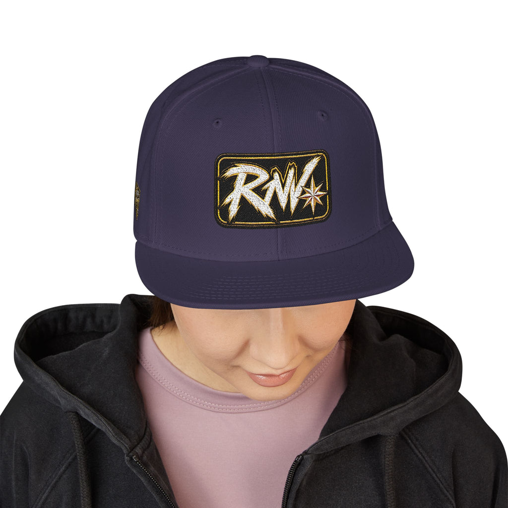 Hat-Embroidered Snapback Hat – Gold Glitter 'RW' Logo Flat Brim Cap