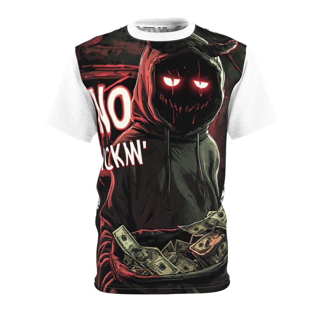 Streetwear-Hooded Shadow Figure Tee — 'No Back'n' Money' Dark Streetwear Graphic Shirt