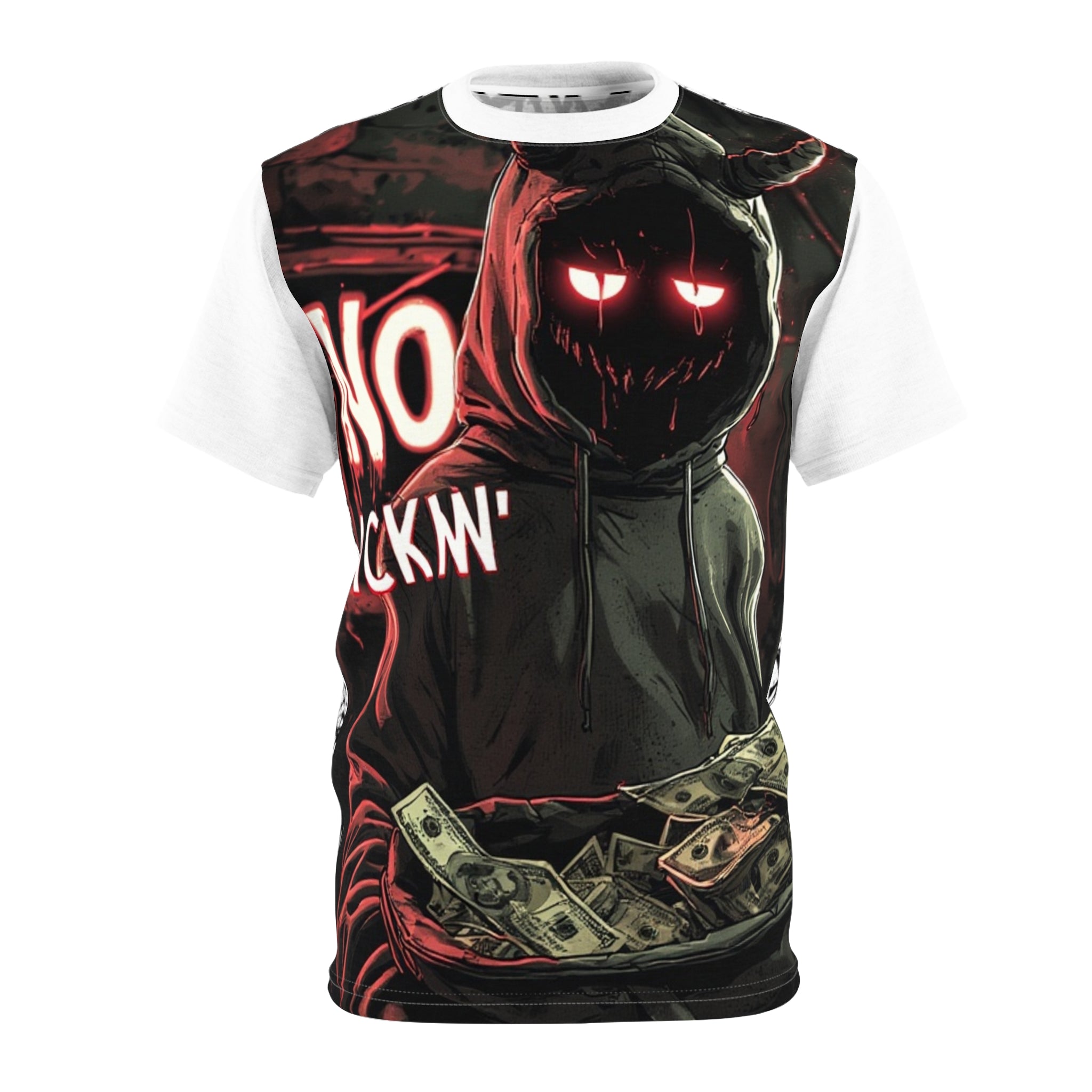 Streetwear-Hooded Shadow Figure Tee — 'No Back'n' Money' Dark Streetwear Graphic Shirt