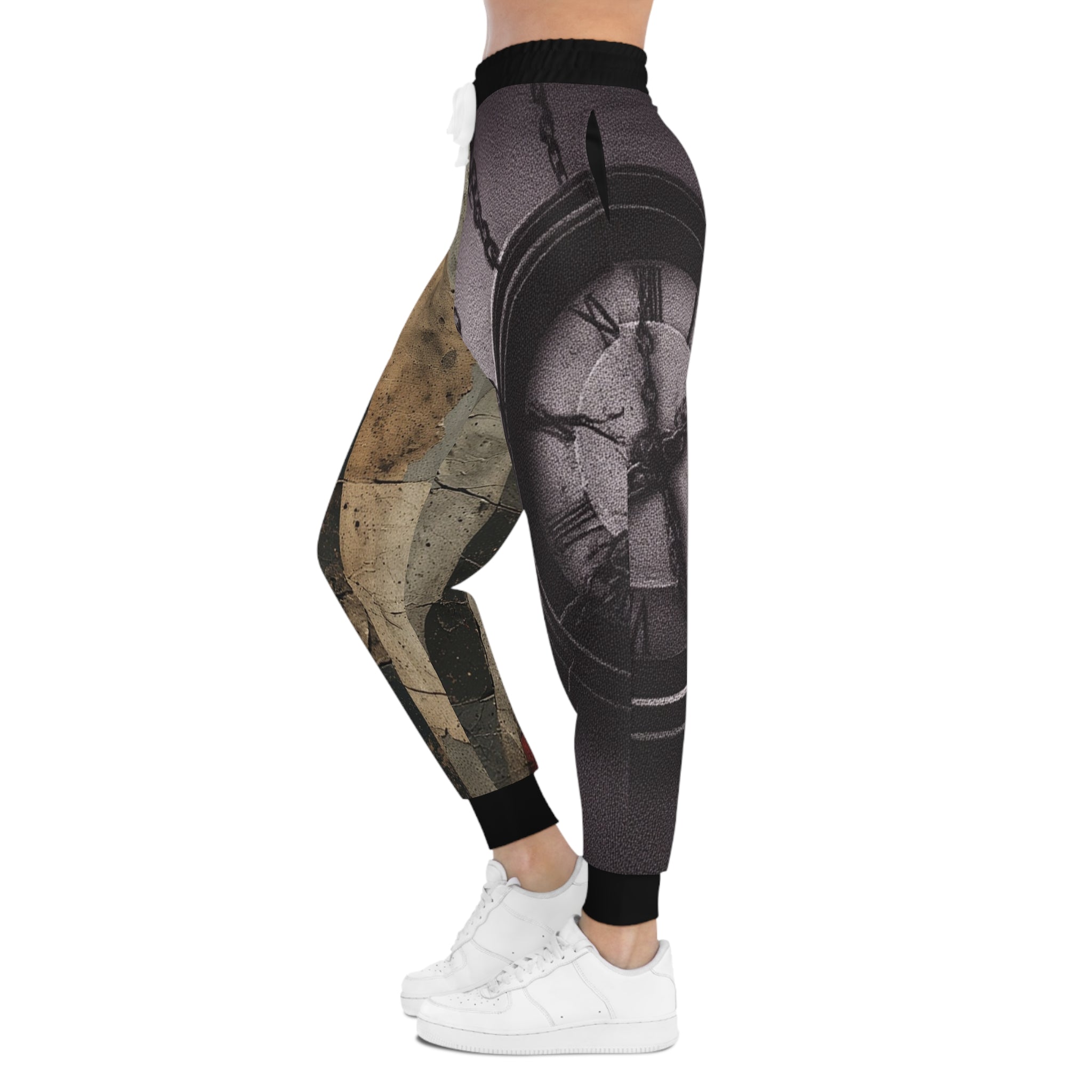Joggers- Vintage Clock & Silhouette Athletic Joggers — Abstract Grunge AOP Sweatpants
