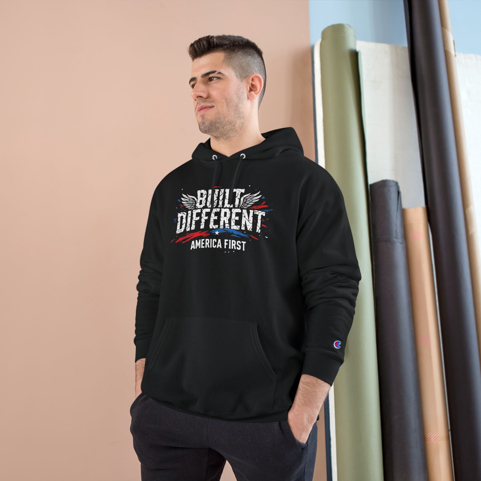 Ant-America First Champion Hoodie — 'Built Different' Patriotic Eagle Pullover