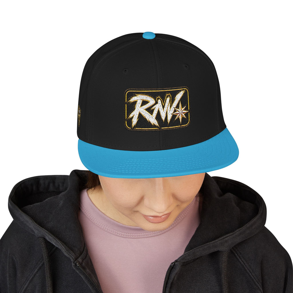 Hat-Embroidered Snapback Hat – Gold Glitter 'RW' Logo Flat Brim Cap