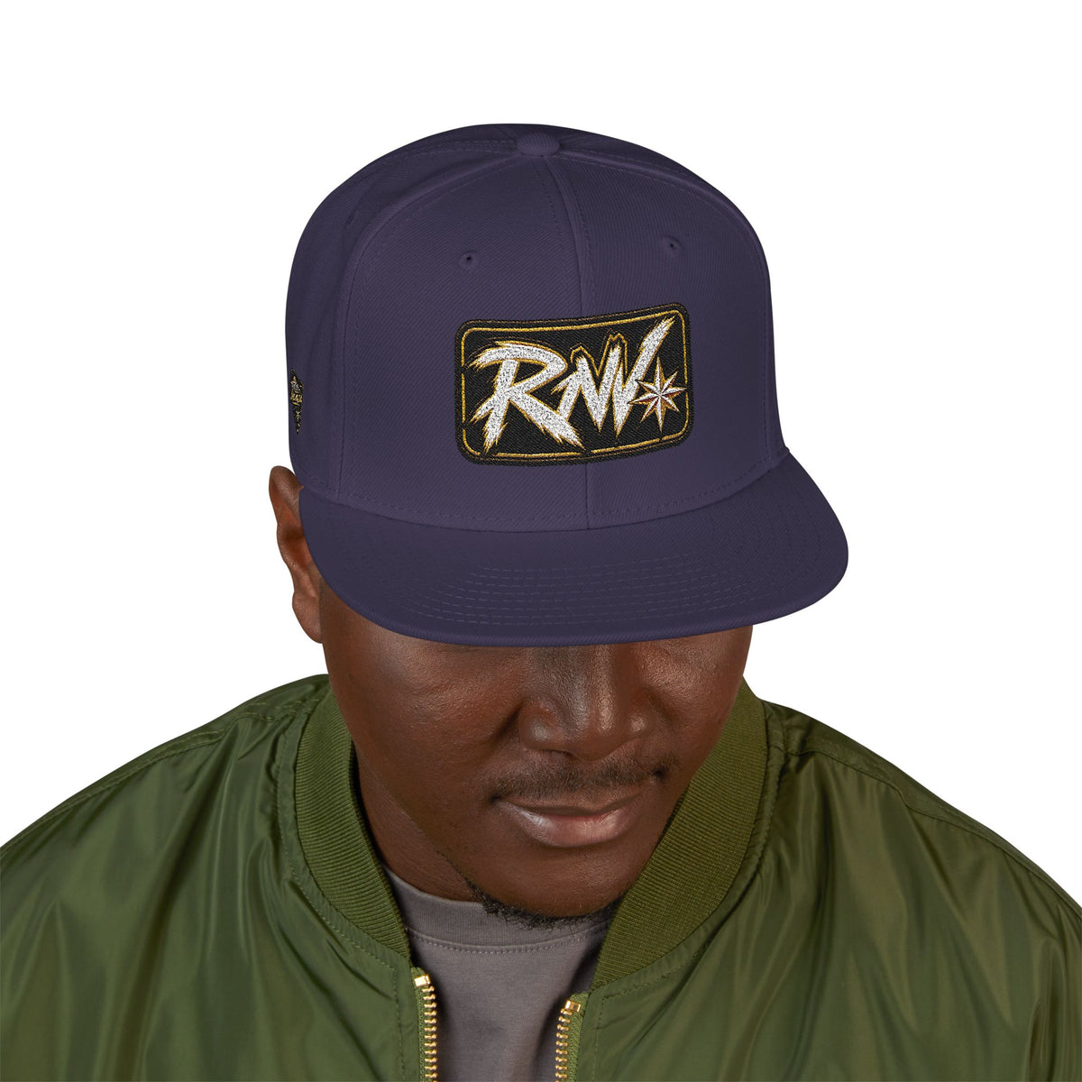 Hat-Embroidered Snapback Hat – Gold Glitter 'RW' Logo Flat Brim Cap