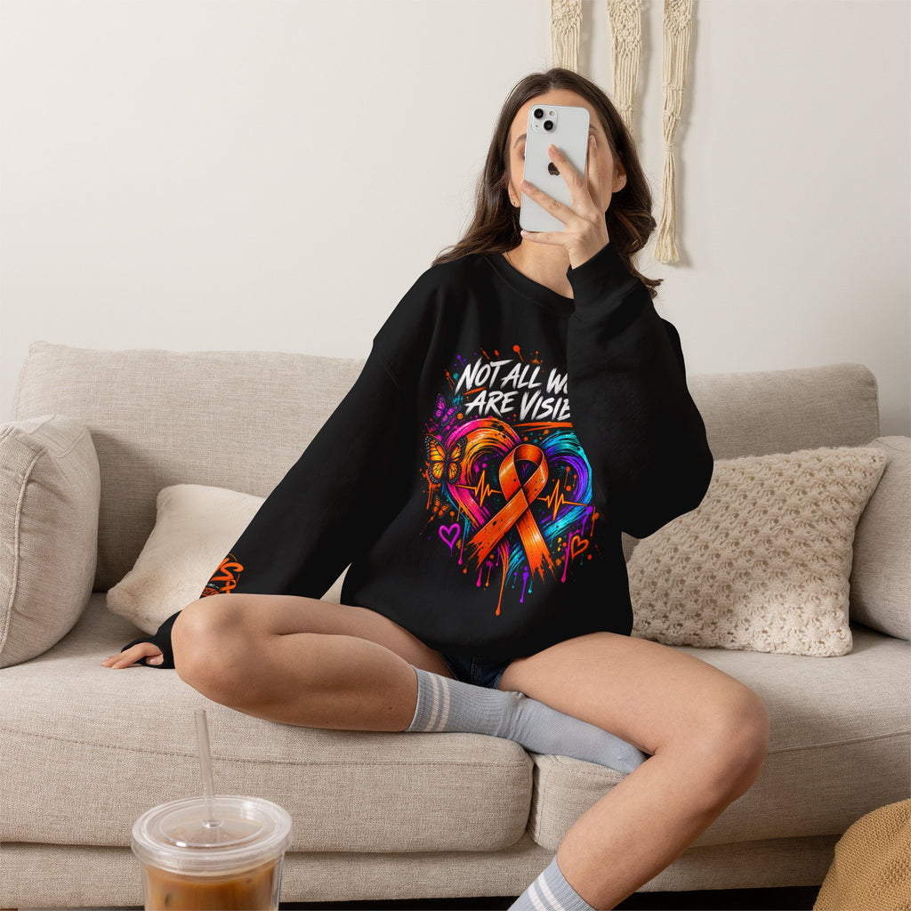 MS- Awareness Crewneck Sweatshirt — "Not All Wounds Are Visible" Orange Ribbon Design