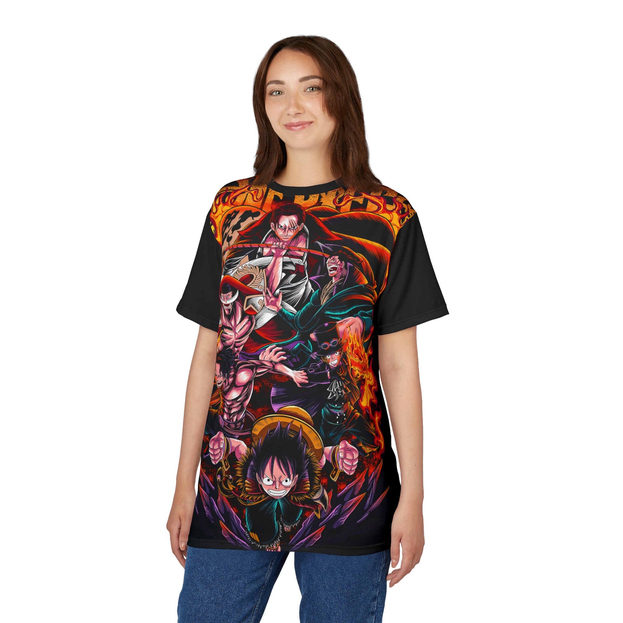 Anime- Crew Battle All-Over Print Tee — Luffy & Flames Anime T-Shirt