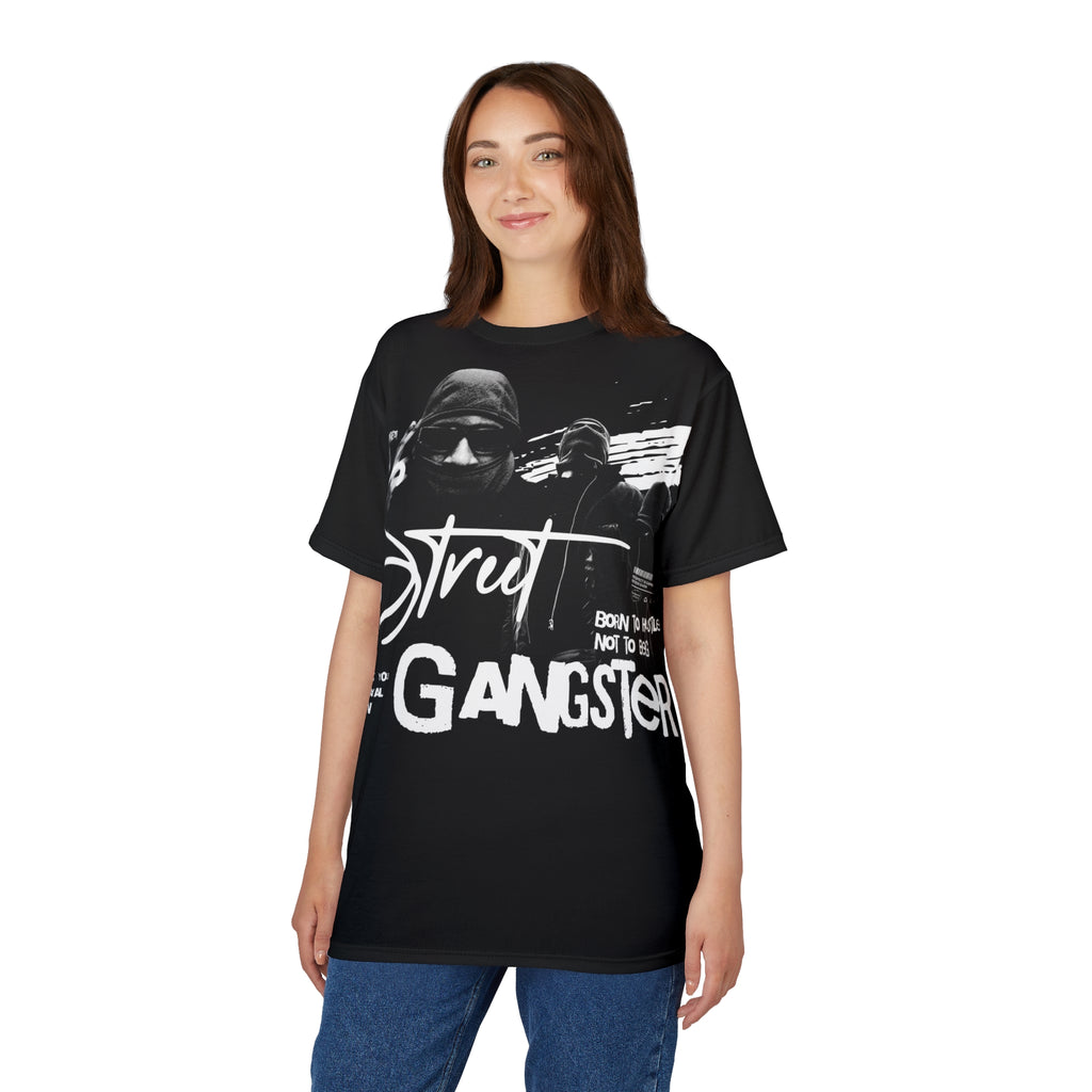 Streetwear- Street Gangster Graphic Tee — "Street Gangster" Black All-Over Print Shirt