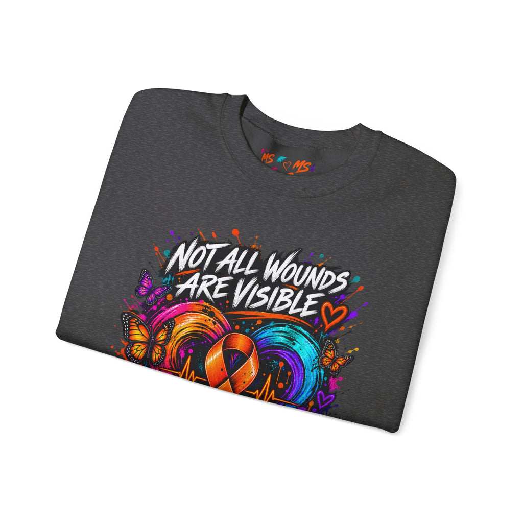 MS- Awareness Crewneck Sweatshirt — "Not All Wounds Are Visible" Orange Ribbon Design