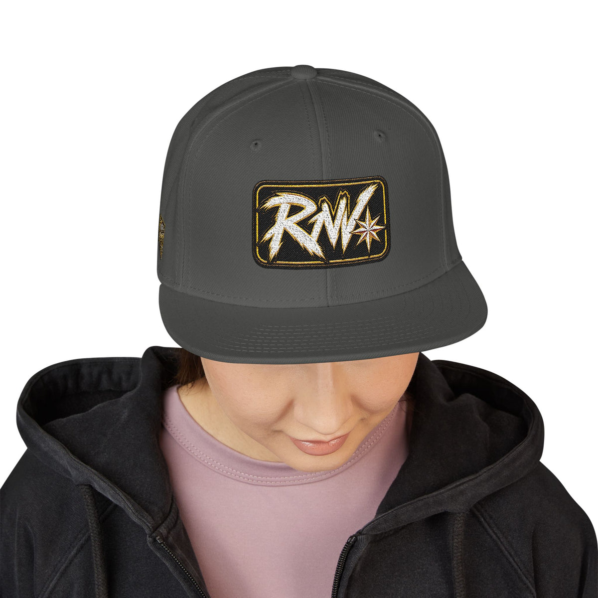 Hat-Embroidered Snapback Hat – Gold Glitter 'RW' Logo Flat Brim Cap
