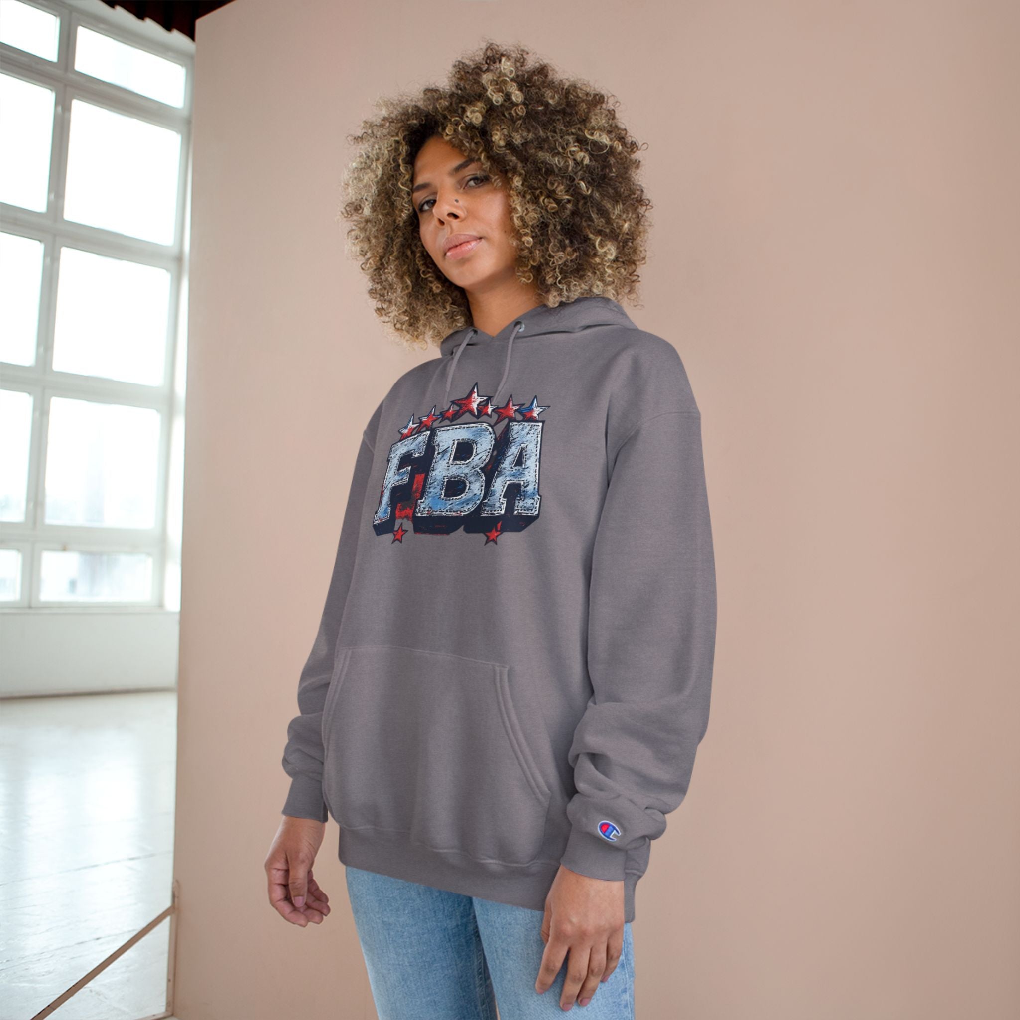 FBA- Graphic Hoodie — Retro Neon Fist & Star Emblem Champion Sweatshirt