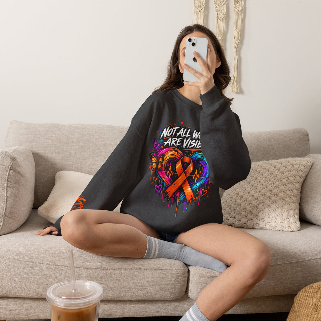 MS- Awareness Crewneck Sweatshirt — "Not All Wounds Are Visible" Orange Ribbon Design