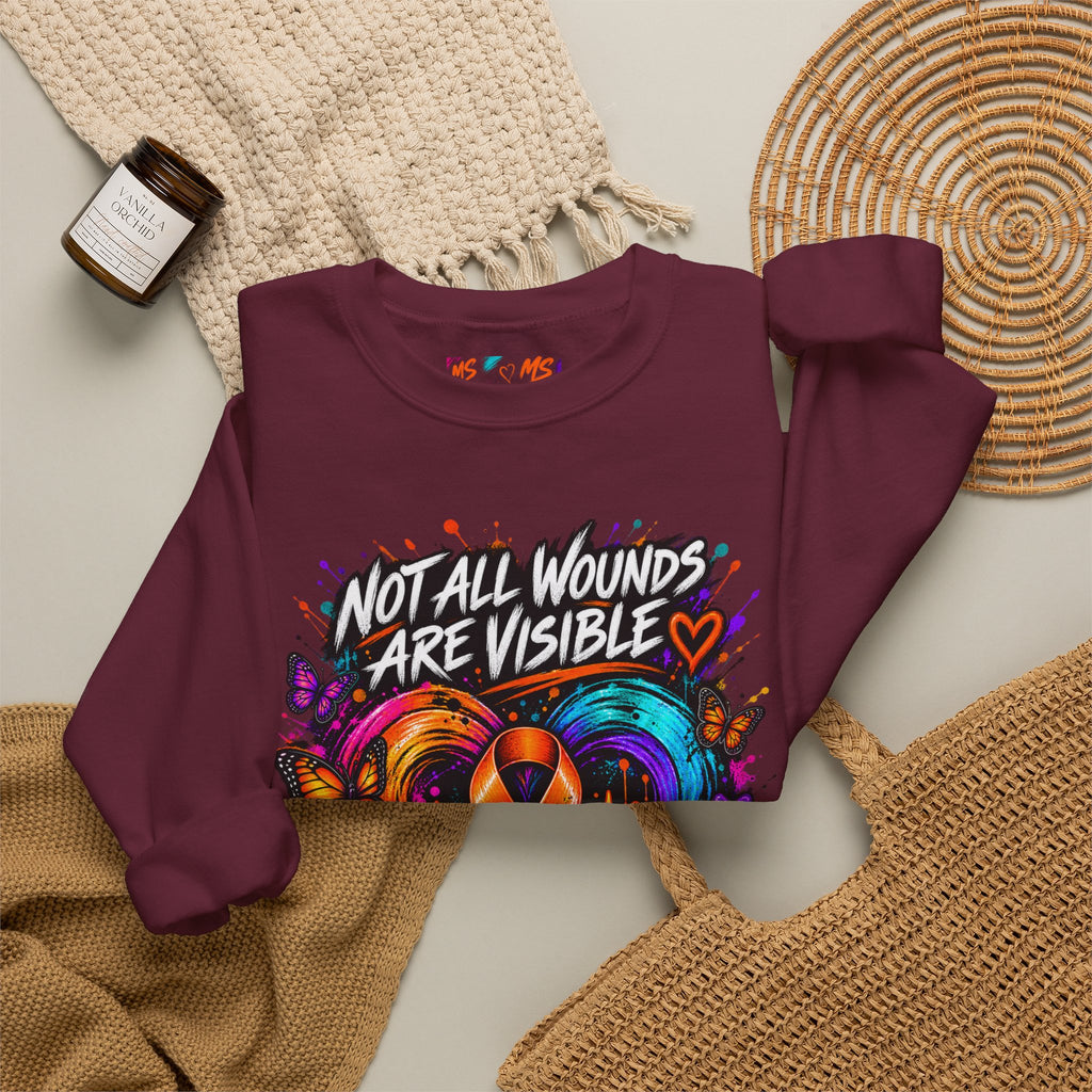 MS- Awareness Crewneck Sweatshirt — "Not All Wounds Are Visible" Orange Ribbon Design
