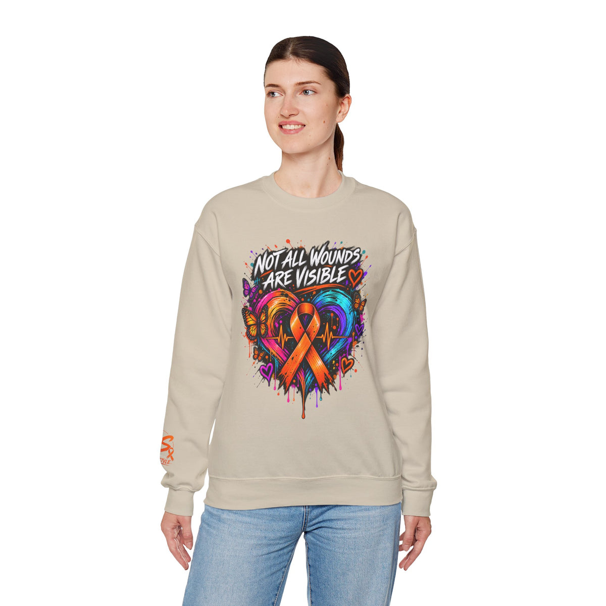 MS- Awareness Crewneck Sweatshirt — "Not All Wounds Are Visible" Orange Ribbon Design
