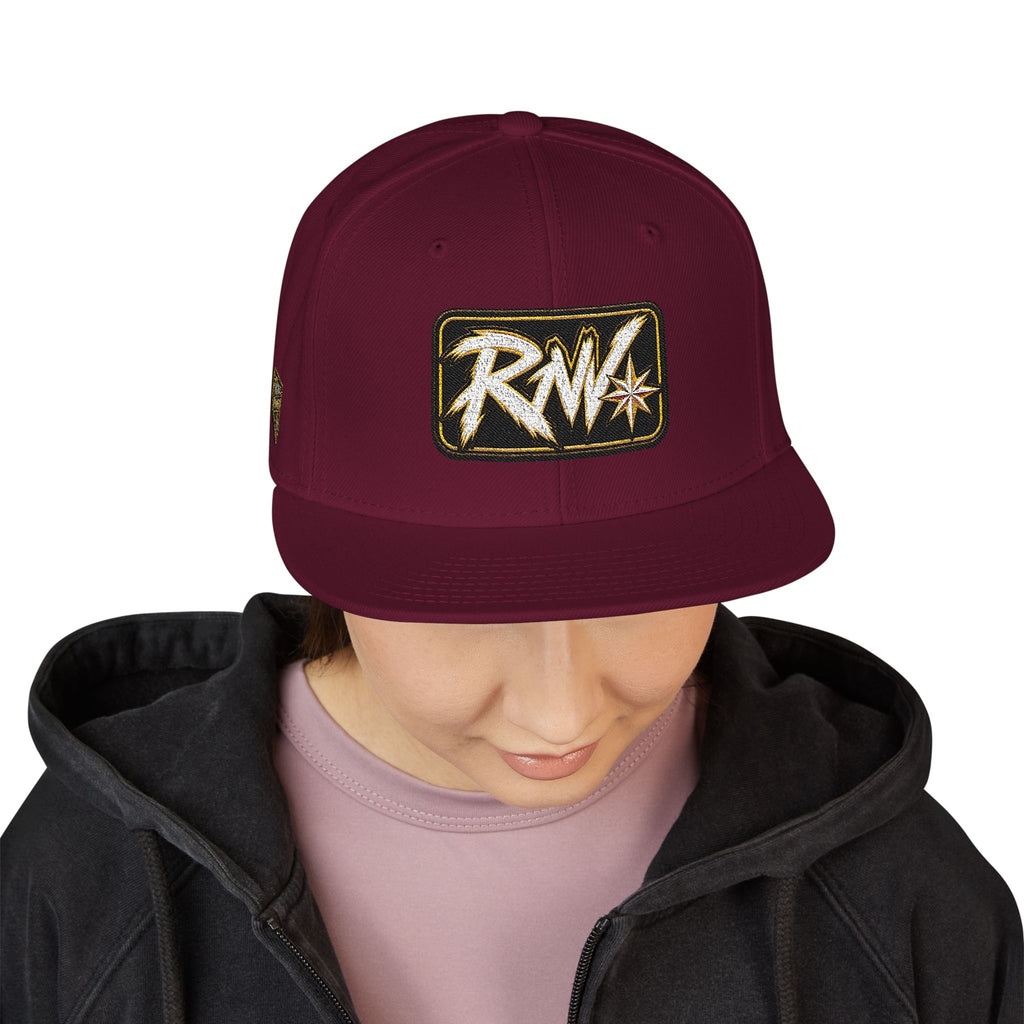 Hat-Embroidered Snapback Hat – Gold Glitter 'RW' Logo Flat Brim Cap