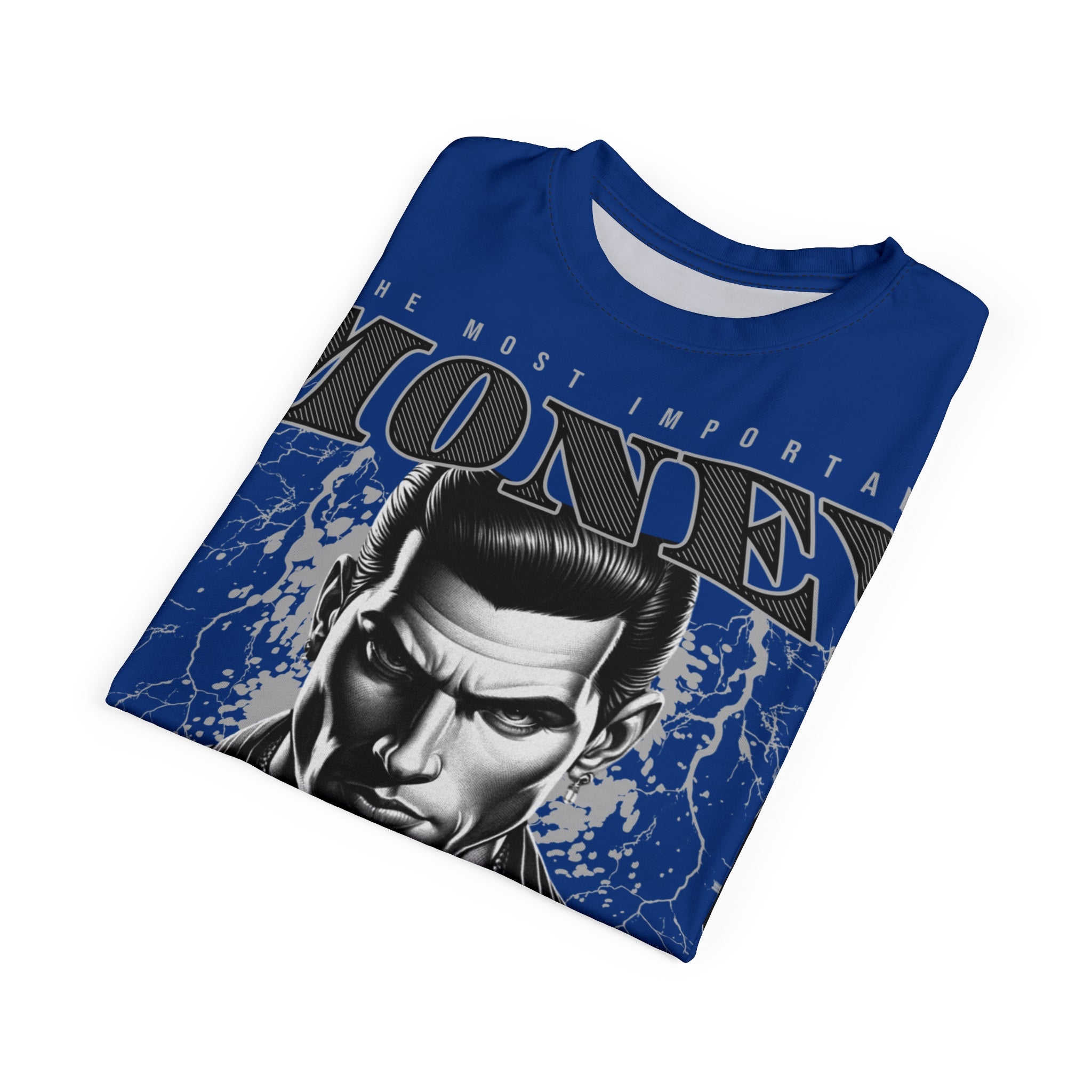 Streetwear-Money Power & Respect Graphic Tee — Bold Blue All-Over Print