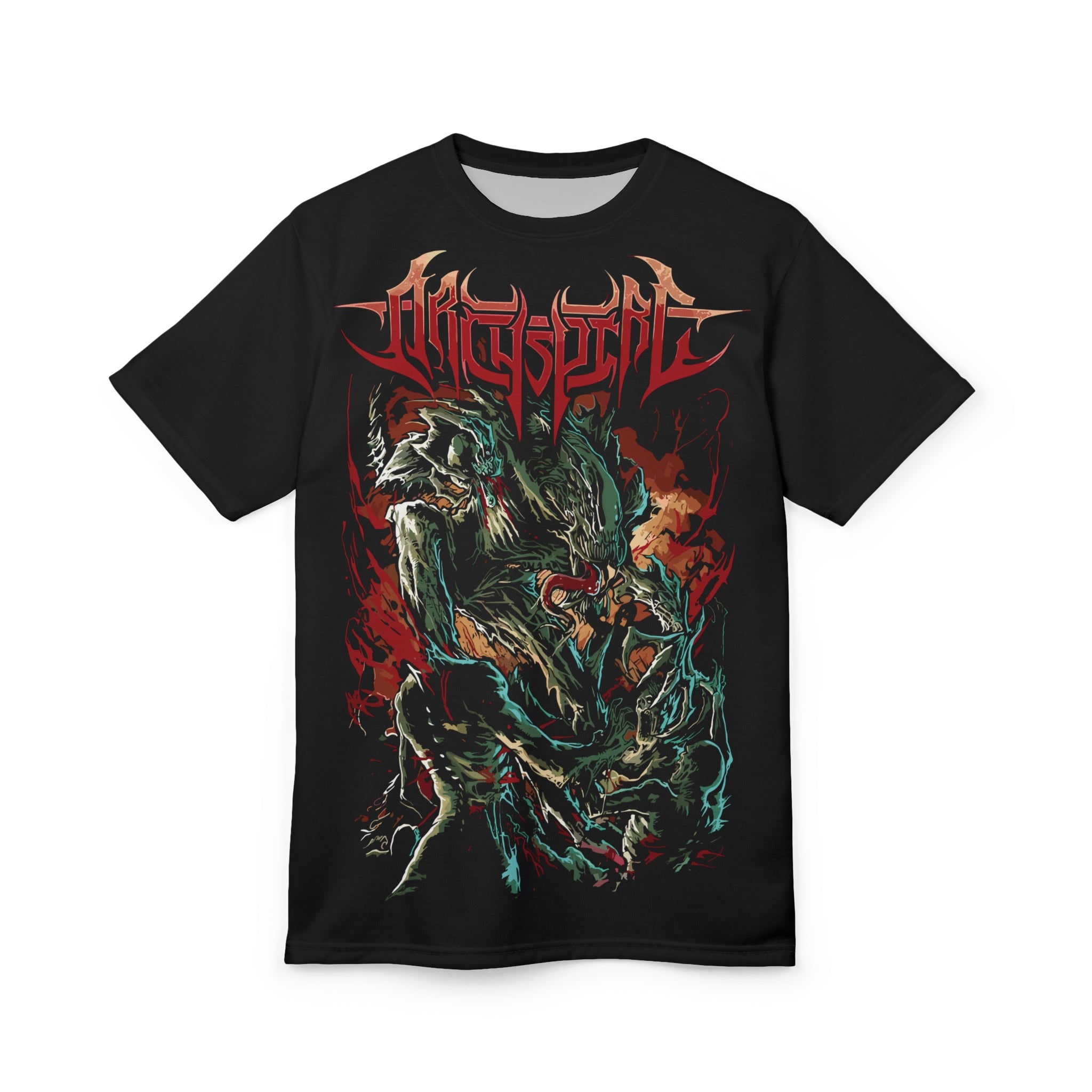 Rock-Death Metal Monster Graphic Tee — 'Whispered' All-Over Print Band Shirt