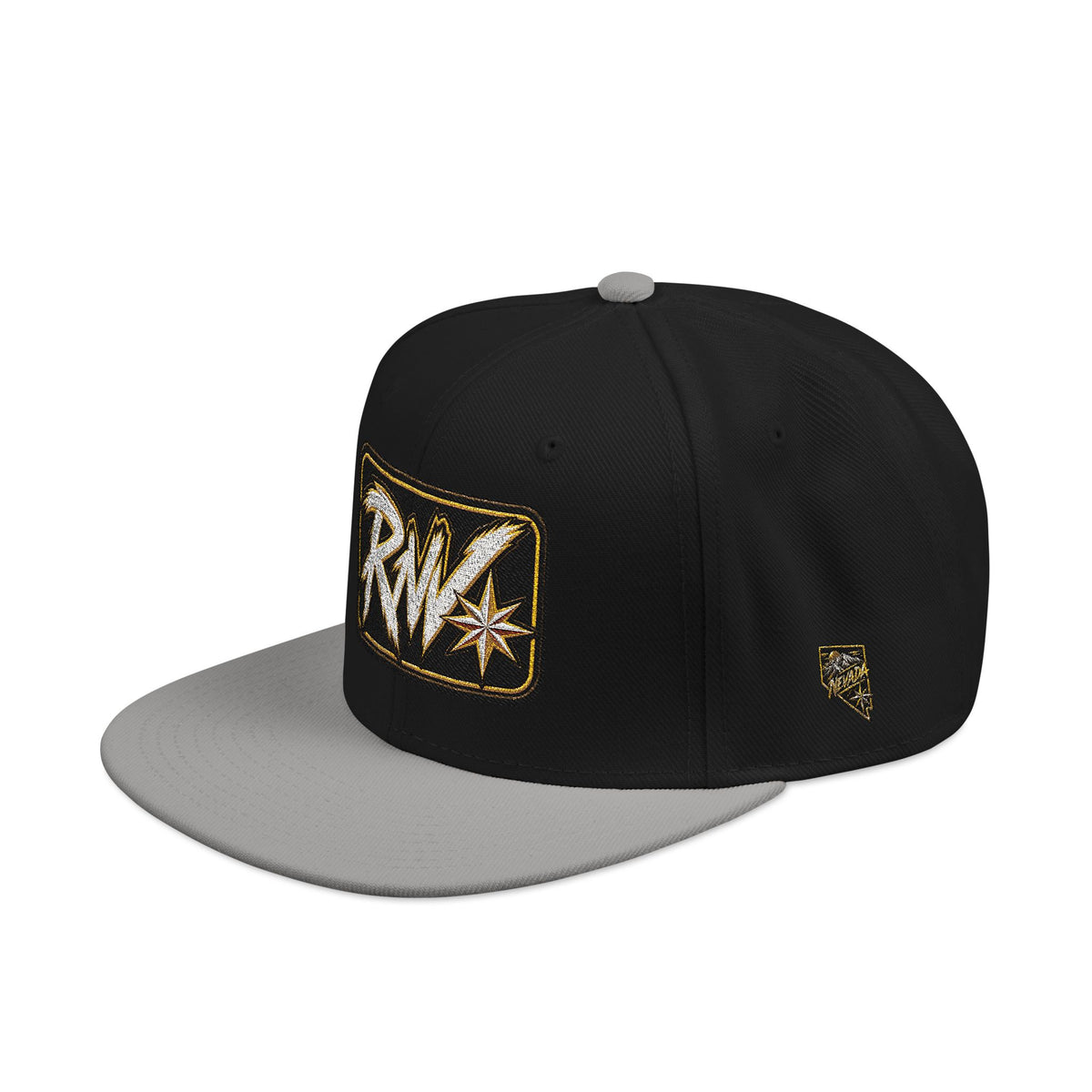 Hat-Embroidered Snapback Hat – Gold Glitter 'RW' Logo Flat Brim Cap