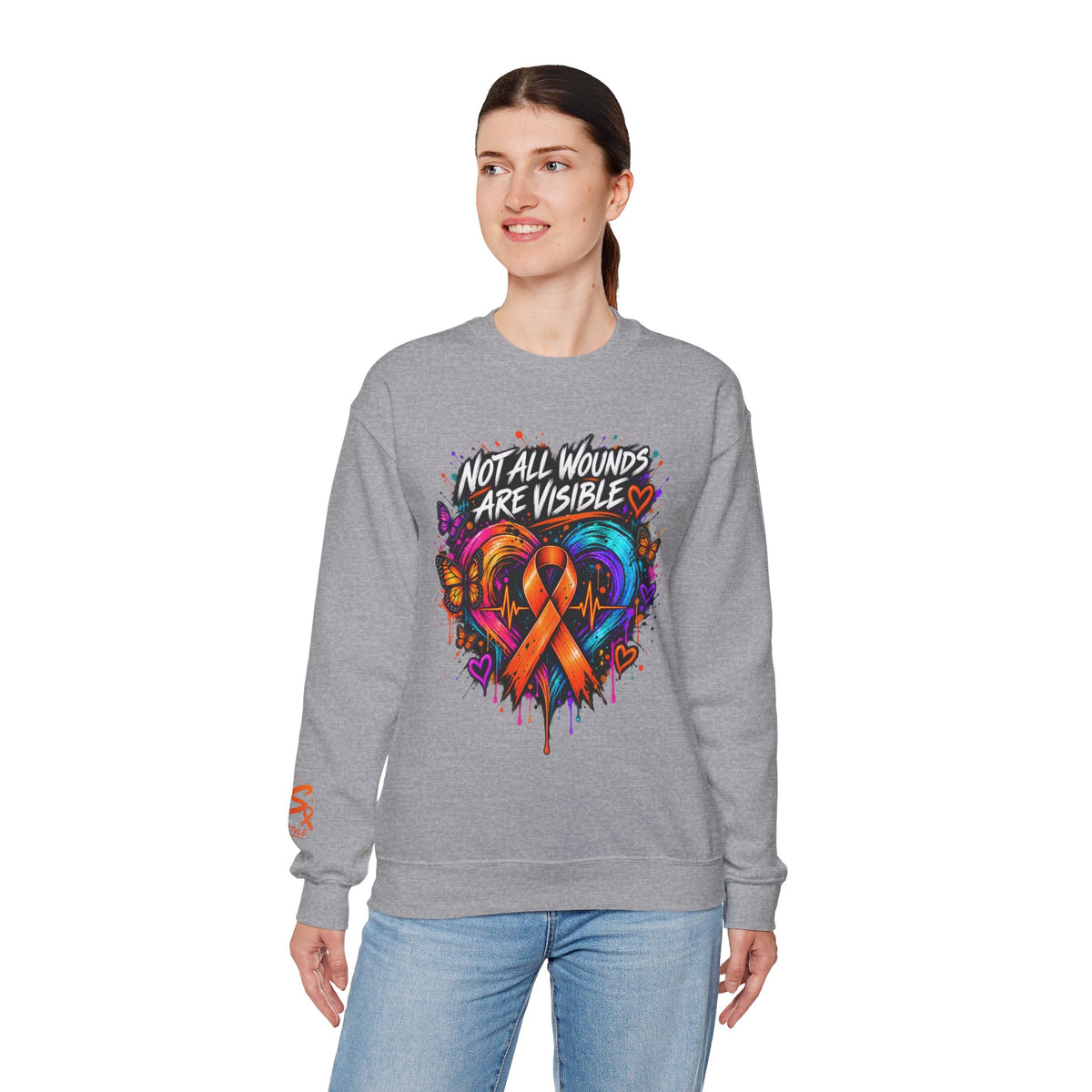 MS- Awareness Crewneck Sweatshirt — "Not All Wounds Are Visible" Orange Ribbon Design