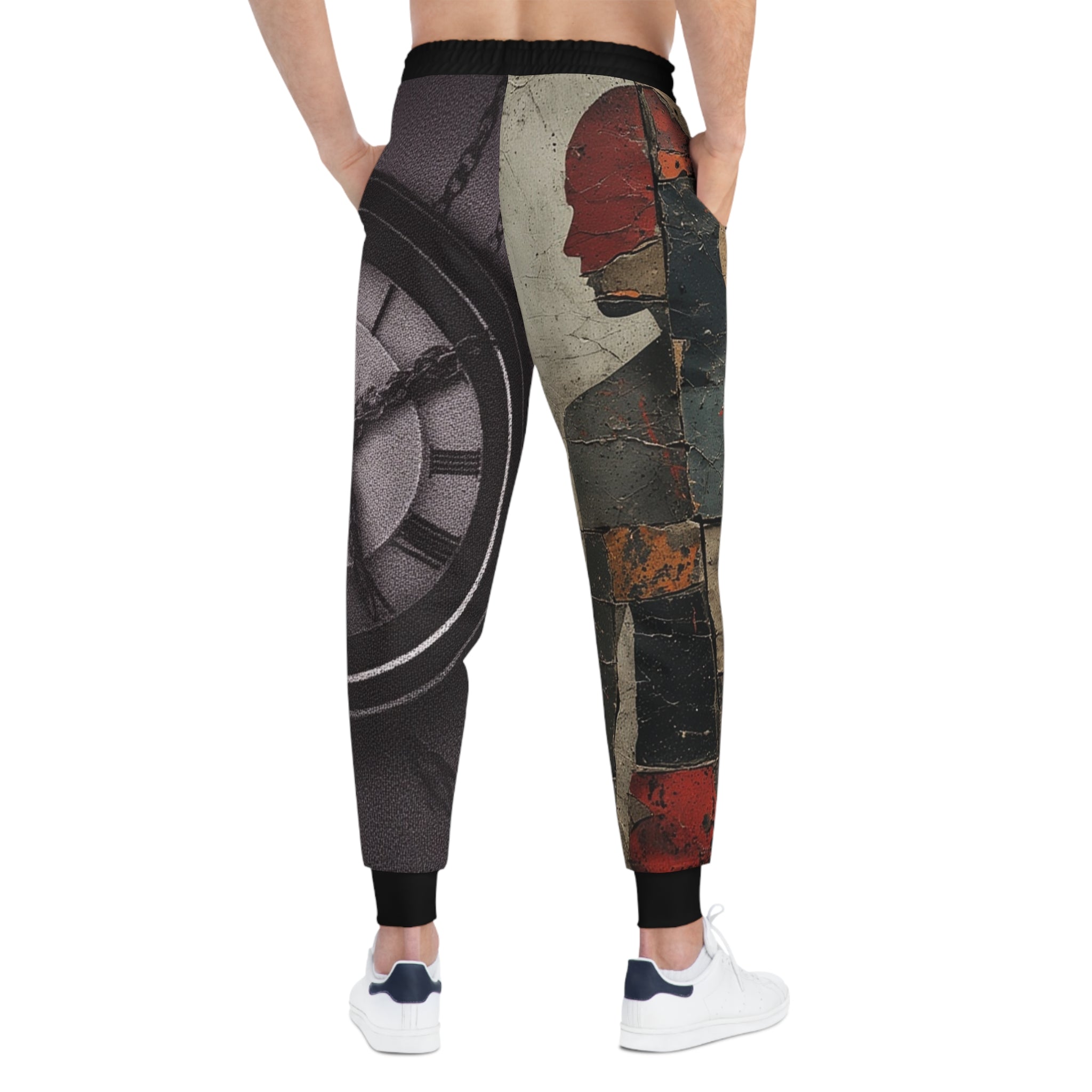 Joggers- Vintage Clock & Silhouette Athletic Joggers — Abstract Grunge AOP Sweatpants