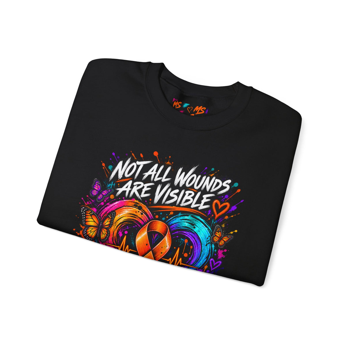 MS- Awareness Crewneck Sweatshirt — "Not All Wounds Are Visible" Orange Ribbon Design