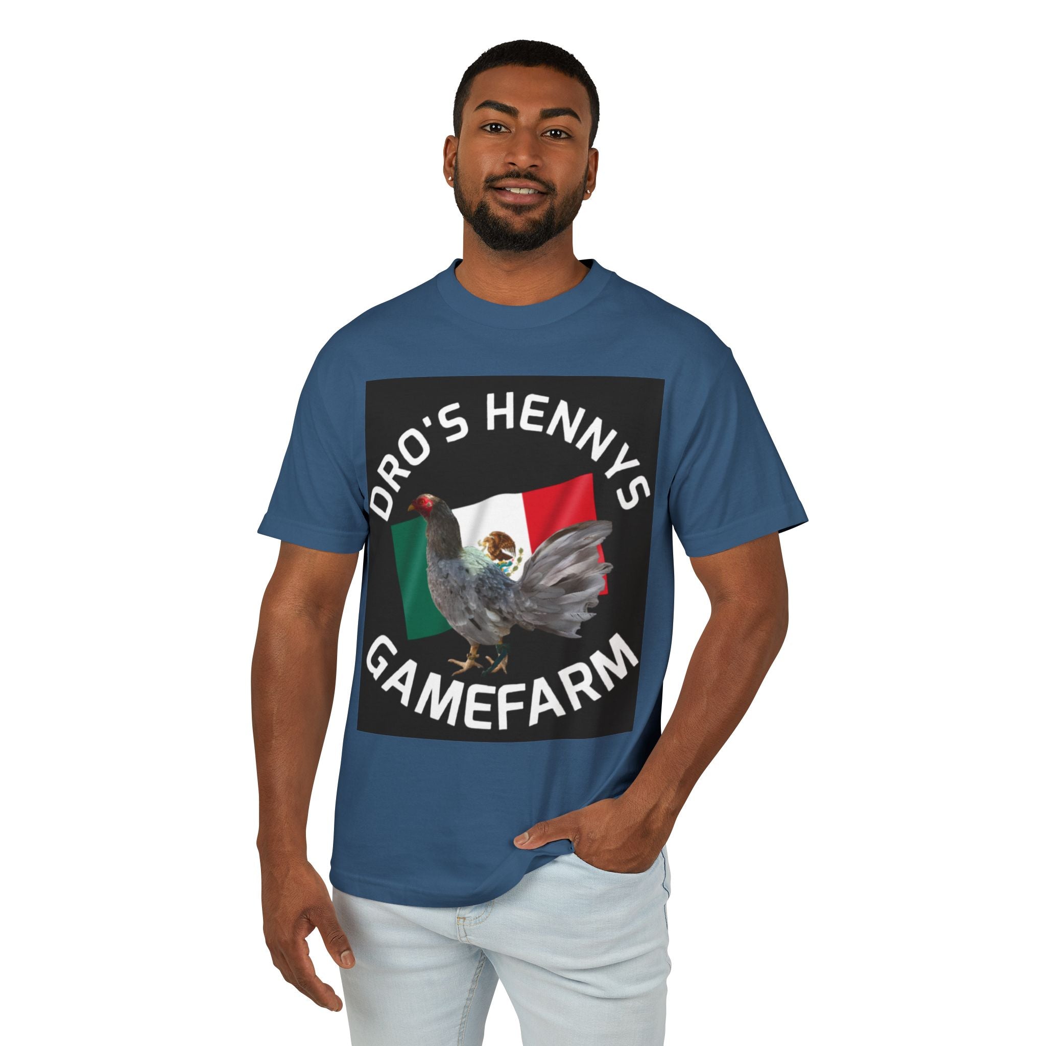 Henny-Gamefarm Hen T‑Shirt — "Dro's Henny's Gamefarm" Mexican Flag Poultry Tee