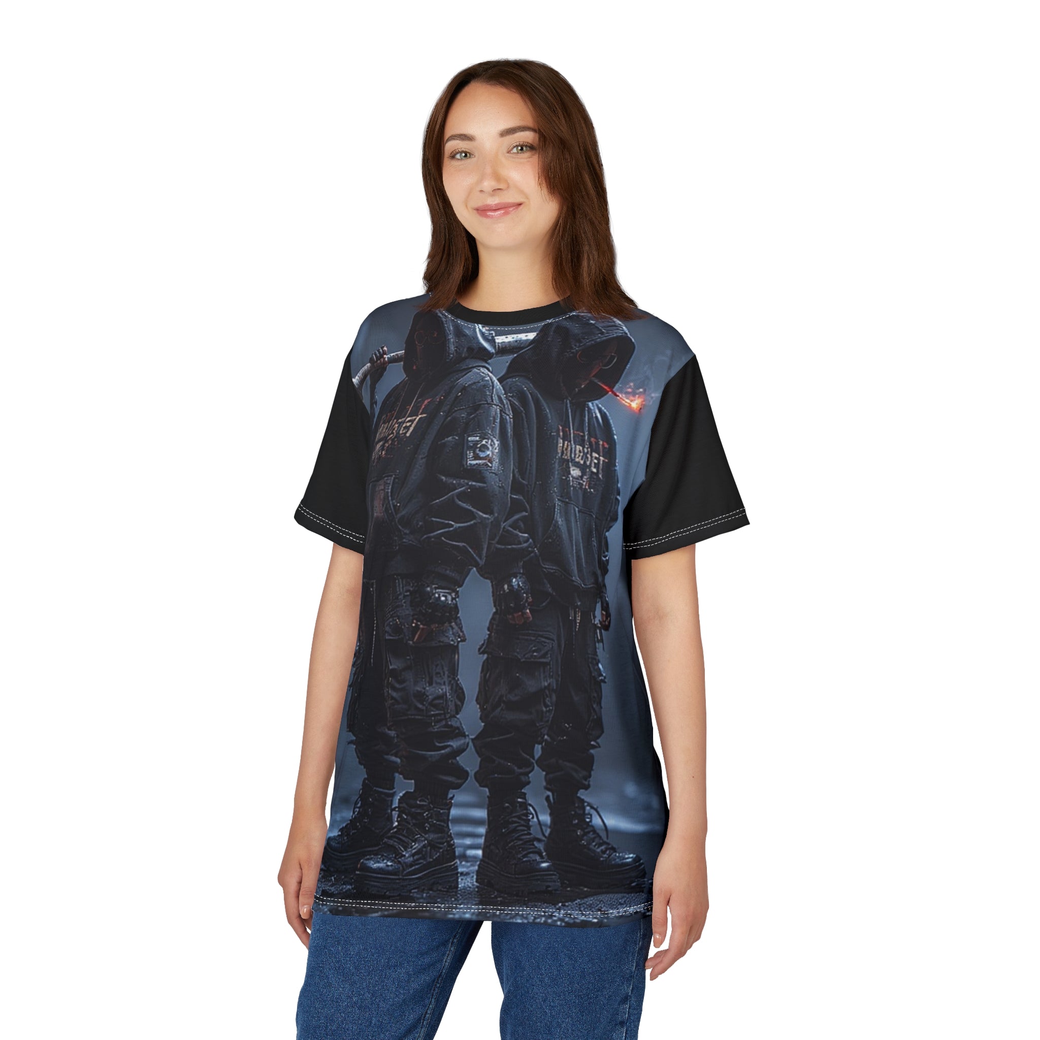 Mindset- Dystopian Streetwear Tee — Twin Hooded Figures All-Over Print