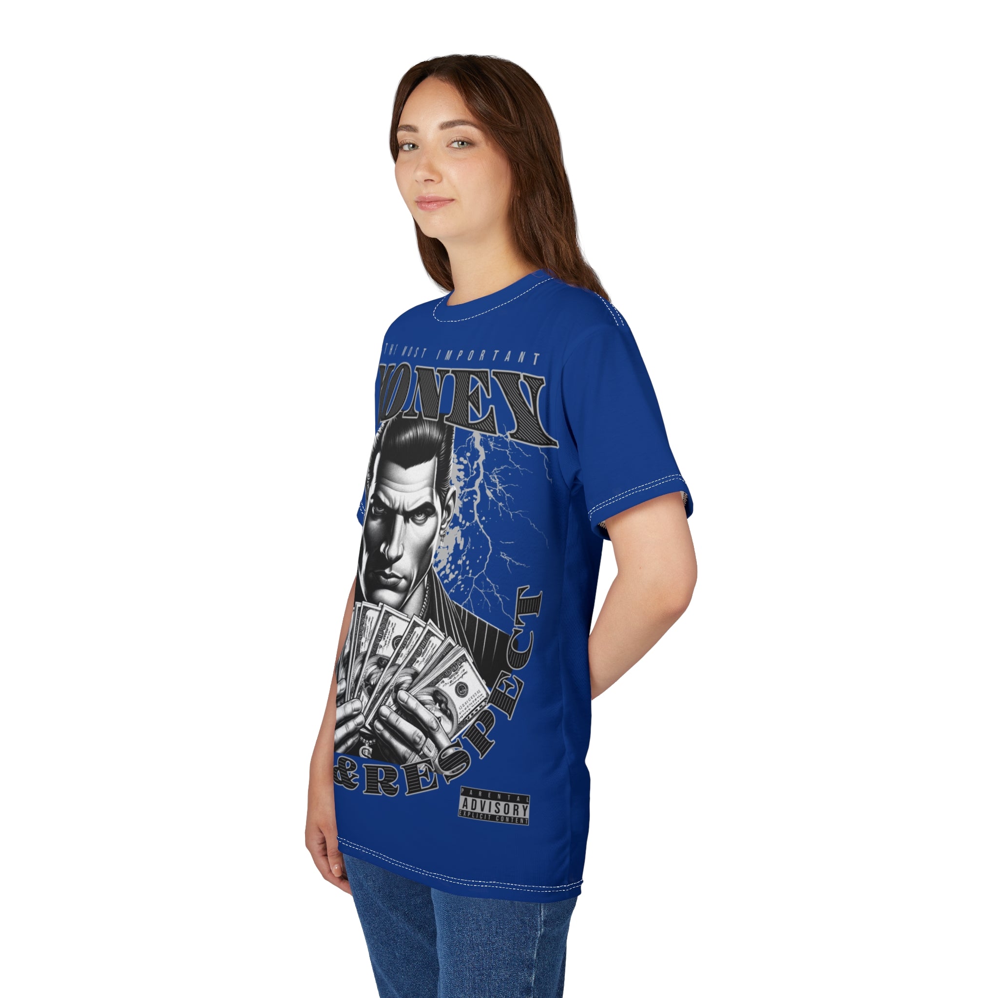 Streetwear-Money Power & Respect Graphic Tee — Bold Blue All-Over Print