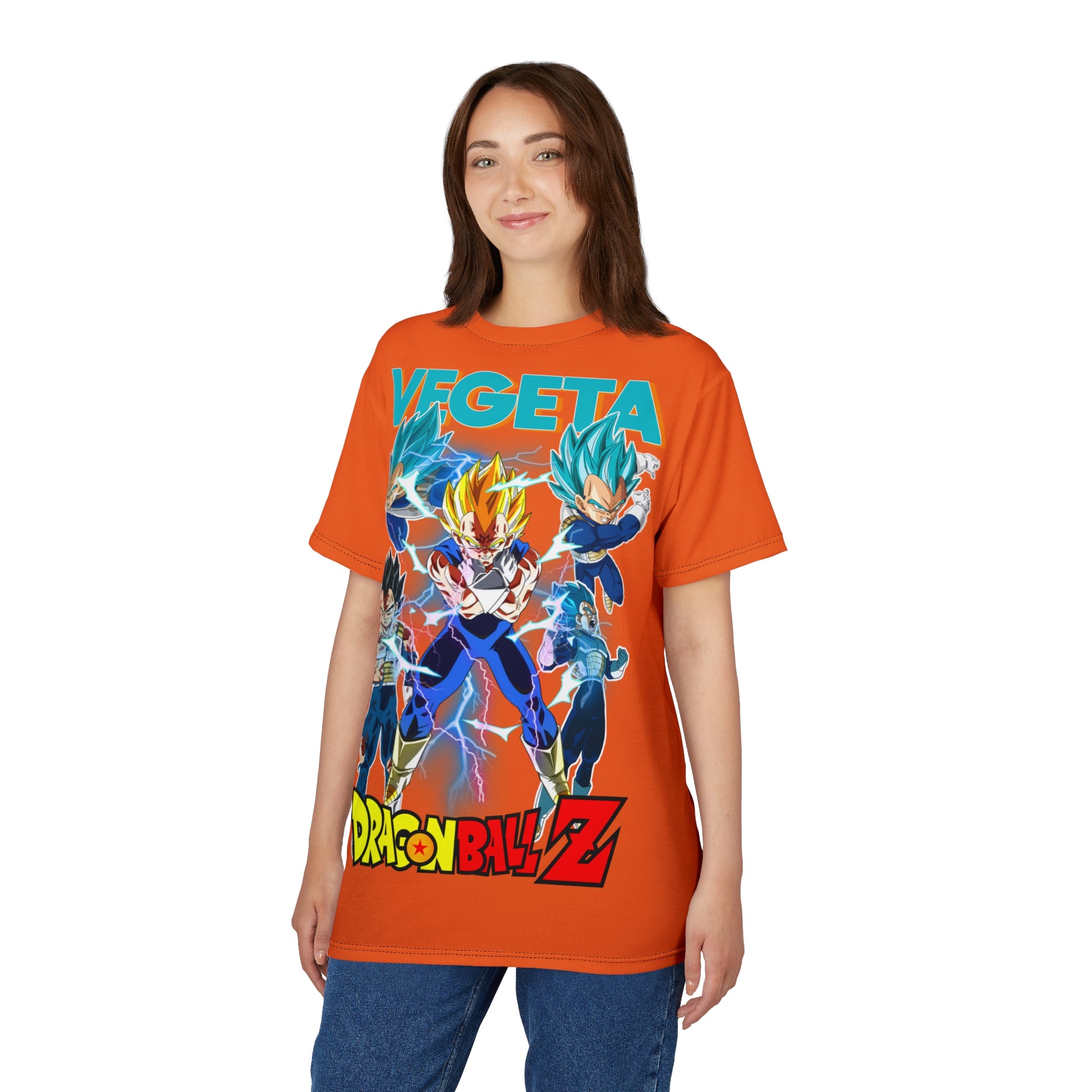 Anime- Vegeta Dragon Ball Z Graphic Tee — Orange All-Over Print