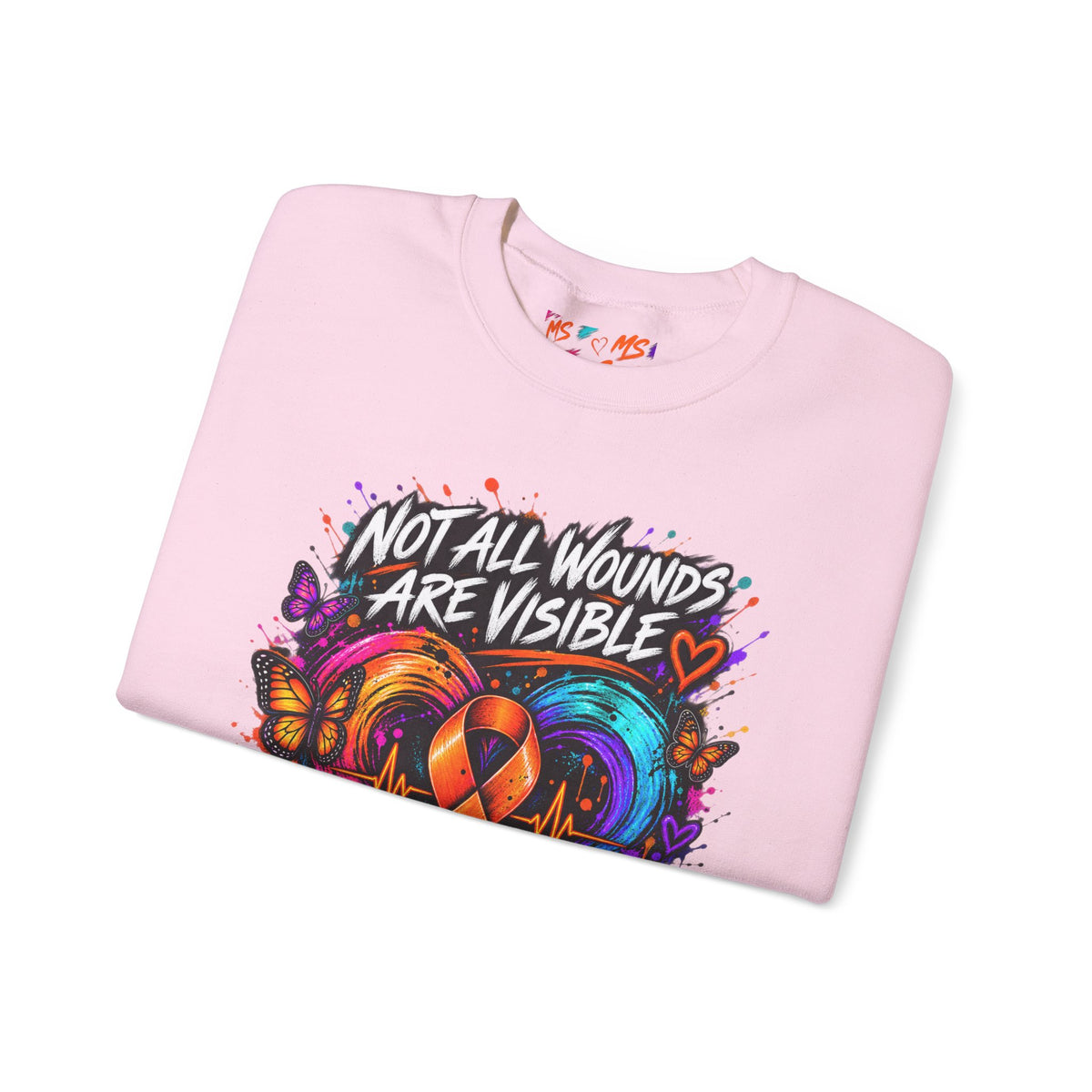 MS- Awareness Crewneck Sweatshirt — "Not All Wounds Are Visible" Orange Ribbon Design