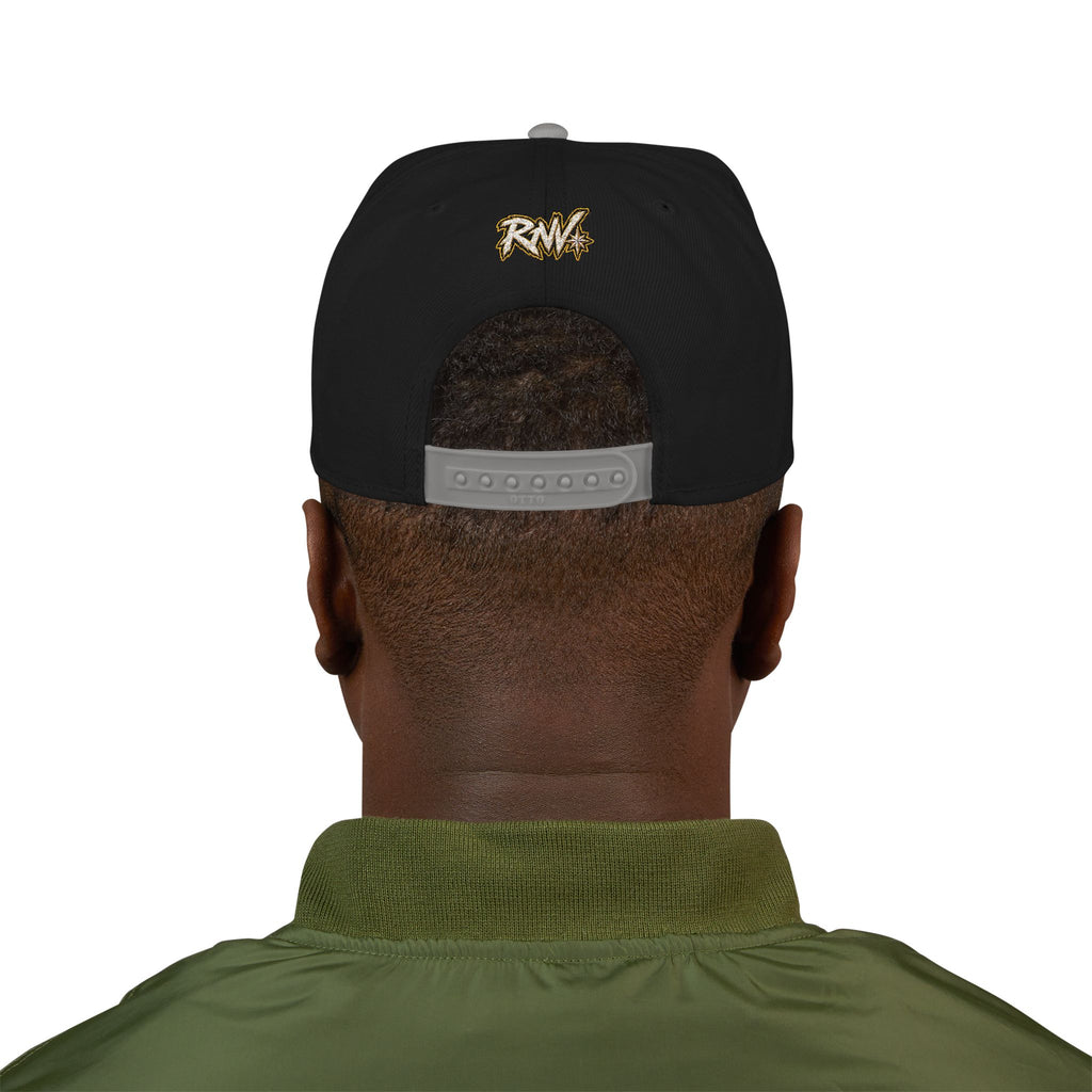 Hat-Embroidered Snapback Hat – Gold Glitter 'RW' Logo Flat Brim Cap