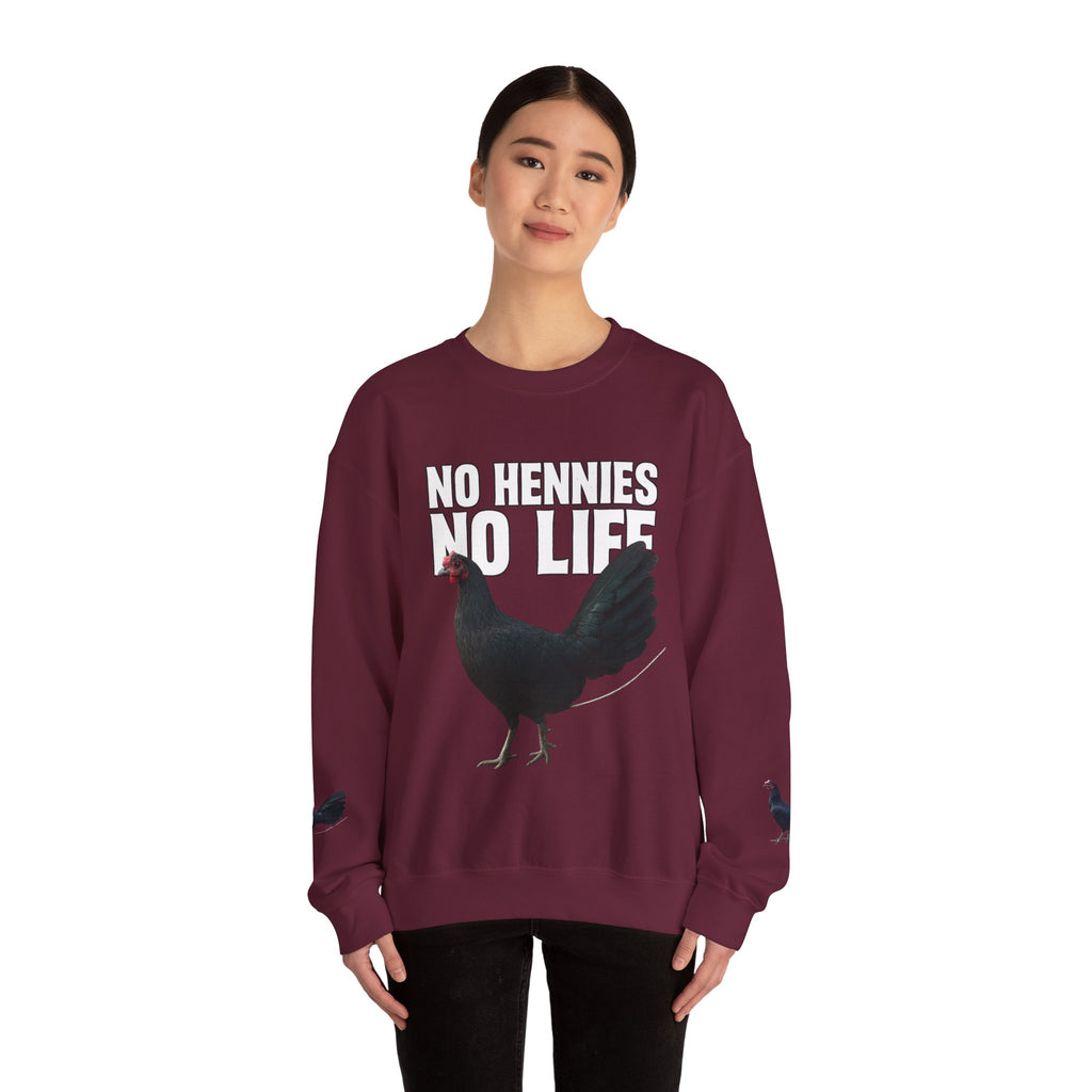Henny- Chicken Sweatshirt — "No Hennies No Life" Graphic Pullover for Chicken Lovers