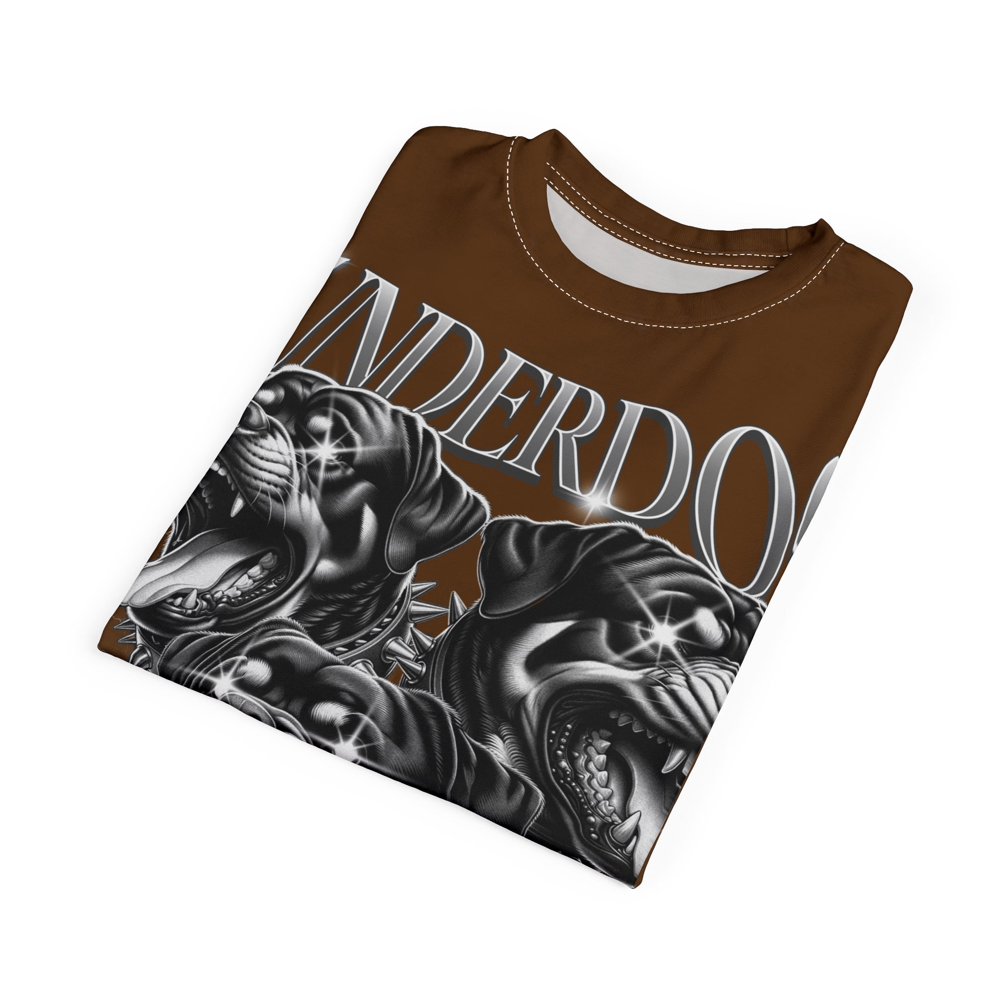 Streetwear- Underdog Triple-Headed Pitbull Tee — Graphic Brown AOP Shirt