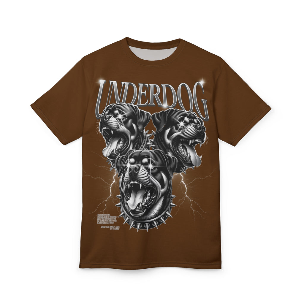 Streetwear- Underdog Triple-Headed Pitbull Tee — Graphic Brown AOP Shirt