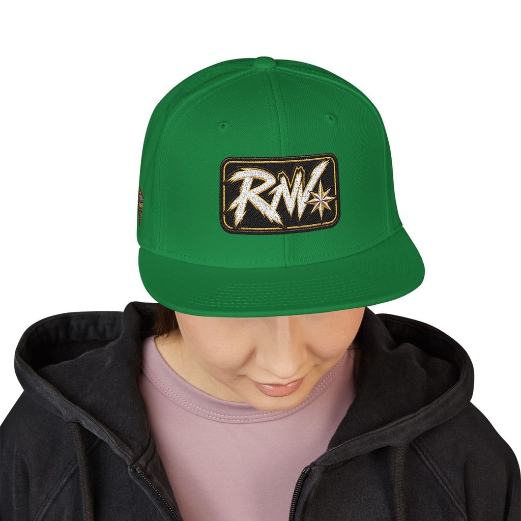 Hat-Embroidered Snapback Hat – Gold Glitter 'RW' Logo Flat Brim Cap