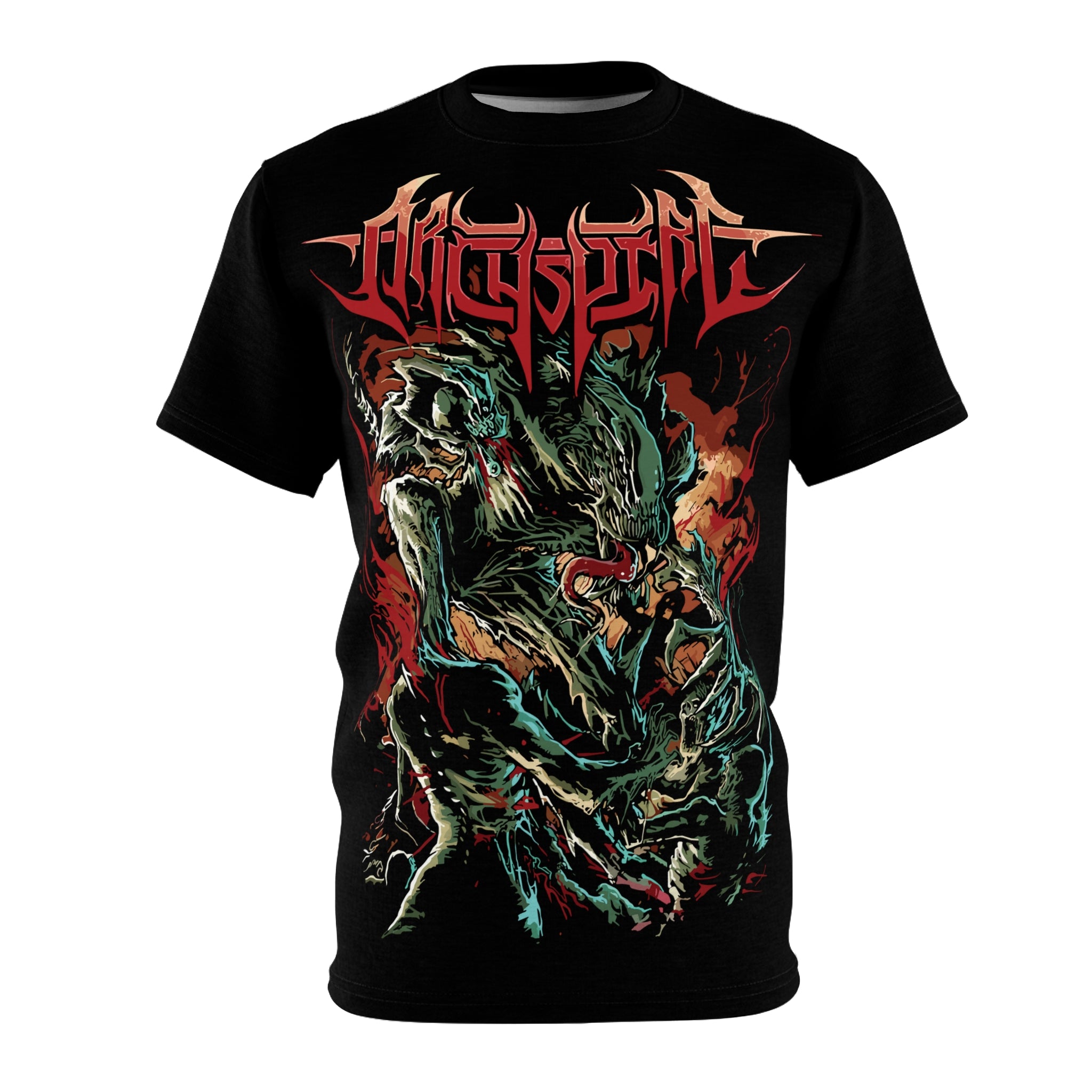 Rock-Death Metal Monster Graphic Tee — 'Whispered' All-Over Print Band Shirt