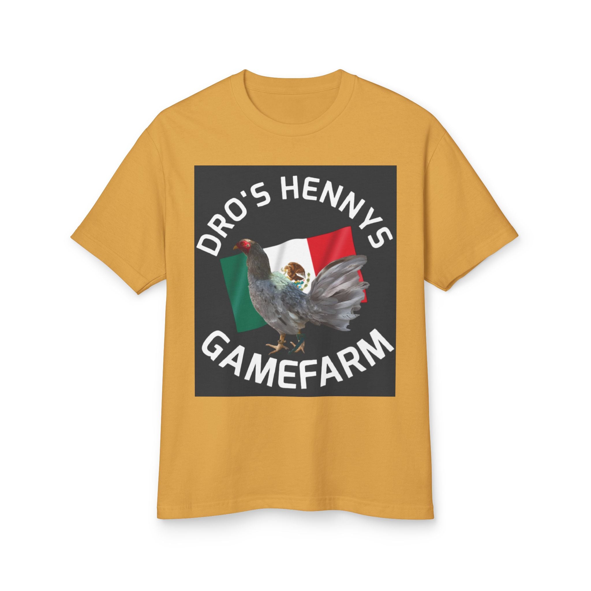 Henny-Gamefarm Hen T‑Shirt — "Dro's Henny's Gamefarm" Mexican Flag Poultry Tee