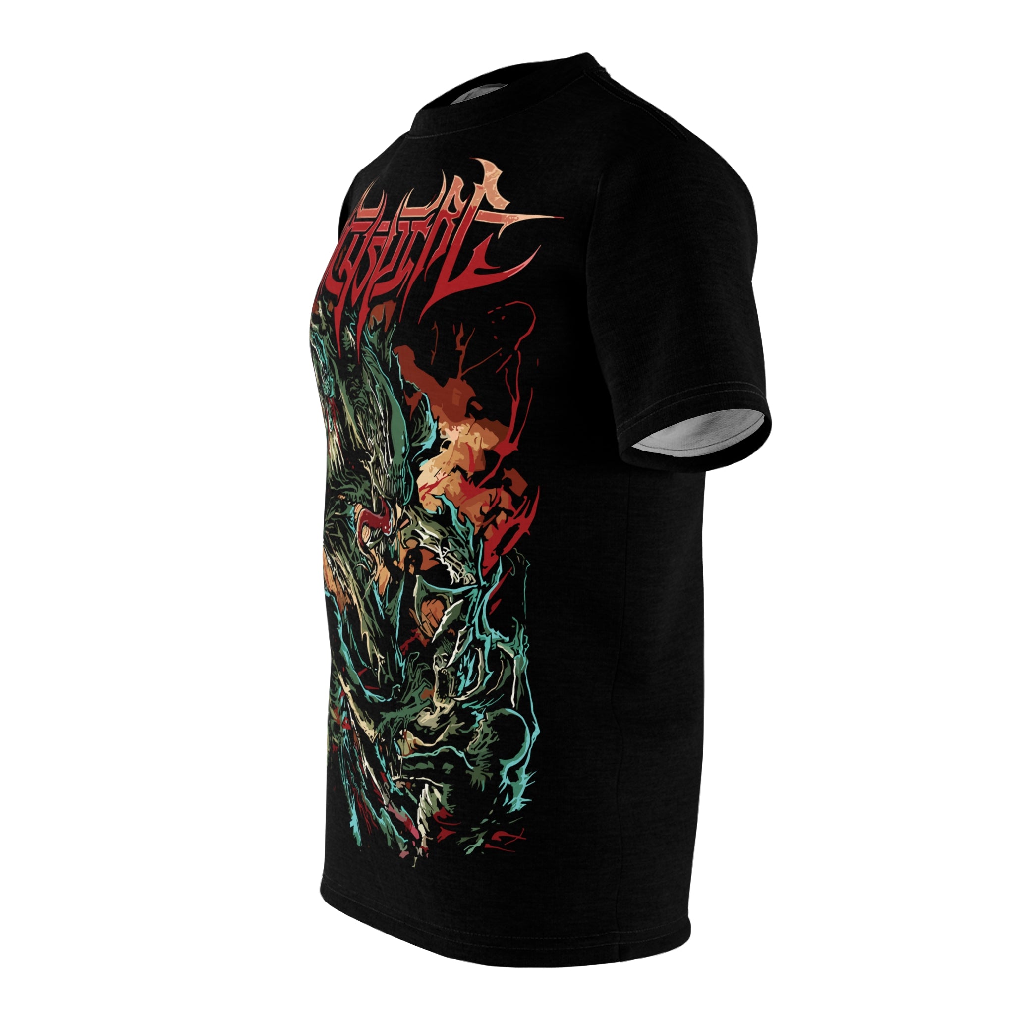 Rock-Death Metal Monster Graphic Tee — 'Whispered' All-Over Print Band Shirt