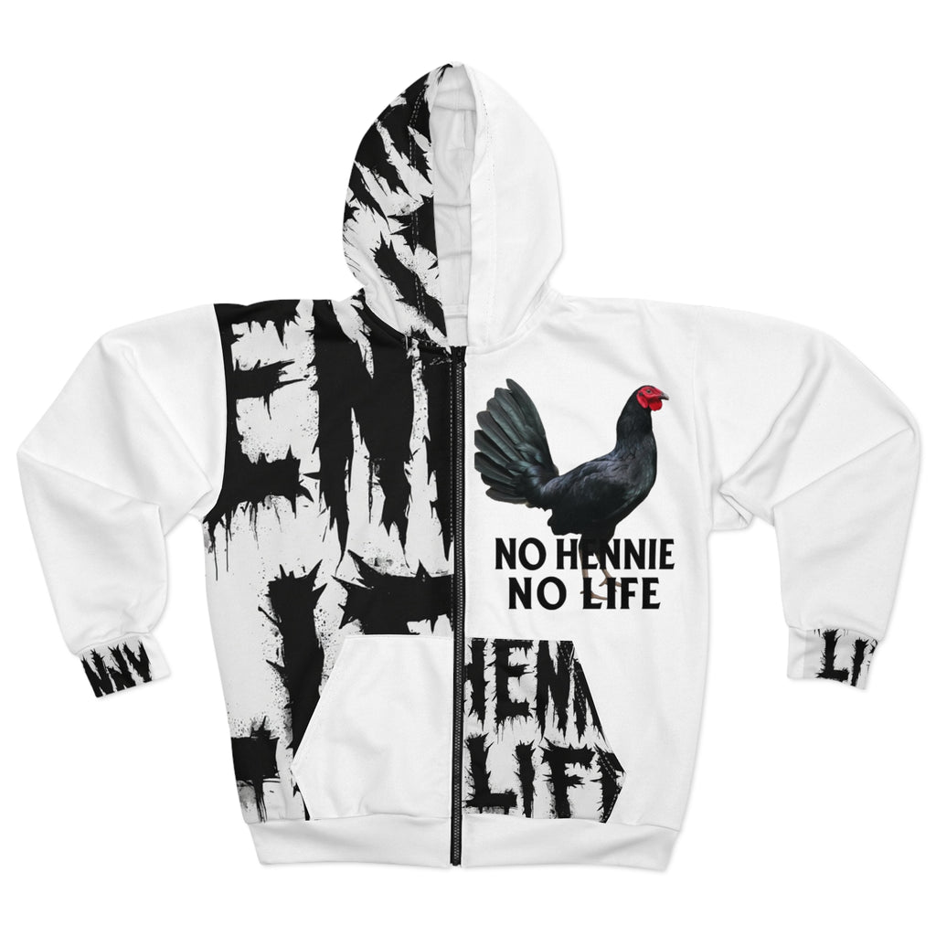 Henny- No Hennie No Life Zip Hoodie — Black & White Rooster Graphic Hoodie