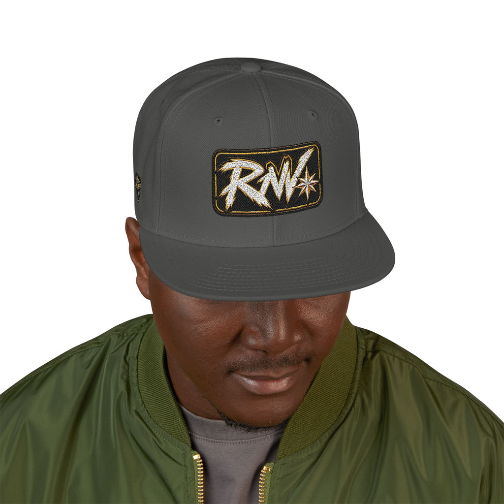 Hat-Embroidered Snapback Hat – Gold Glitter 'RW' Logo Flat Brim Cap