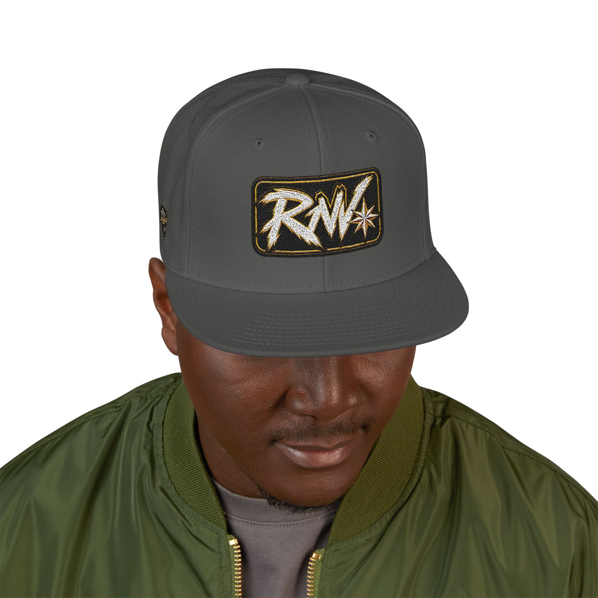 Hat-Embroidered Snapback Hat – Gold Glitter 'RW' Logo Flat Brim Cap