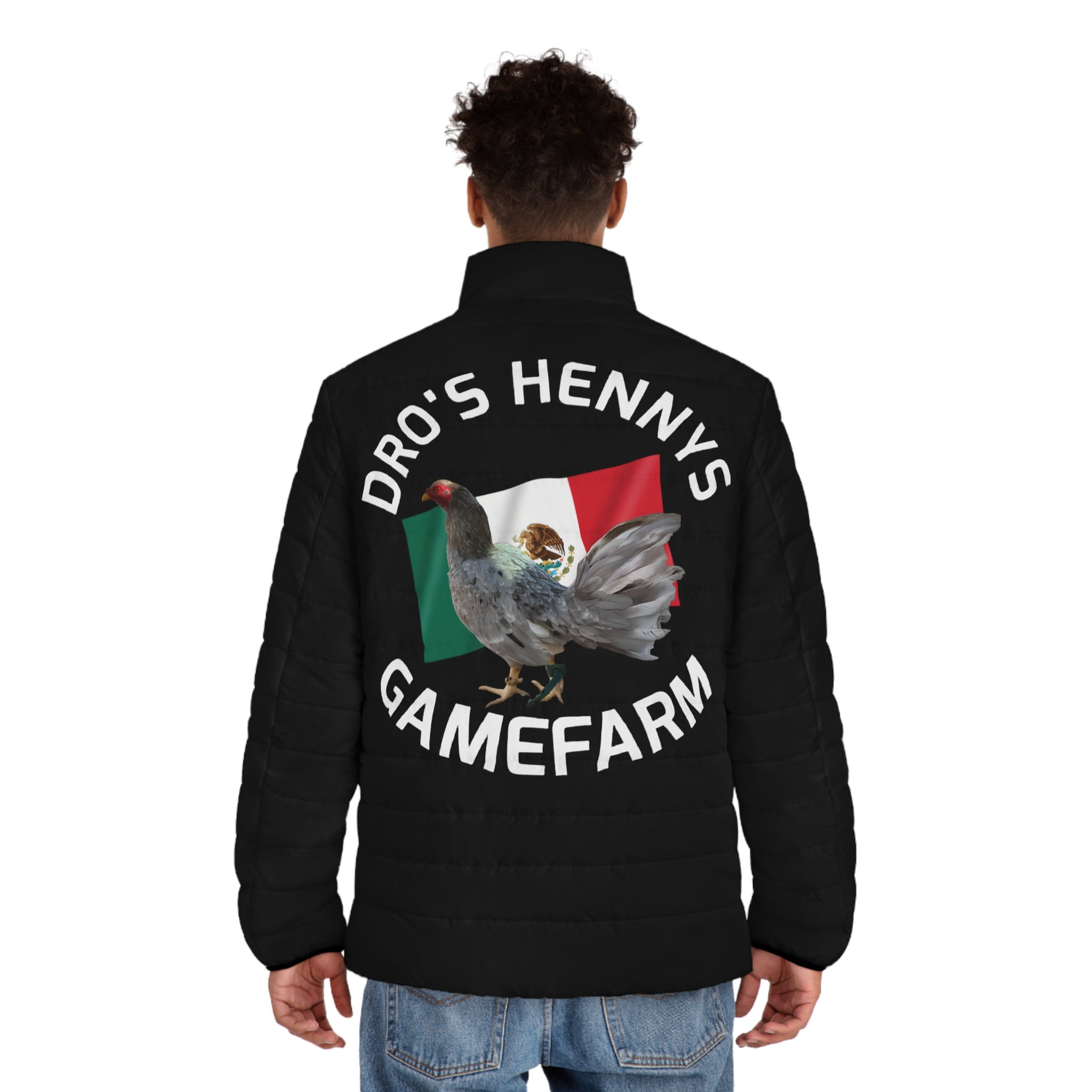Henny-Gamefarm Puffer Jacket — "Dro's Henny's" Mexican Gamefowl Logo