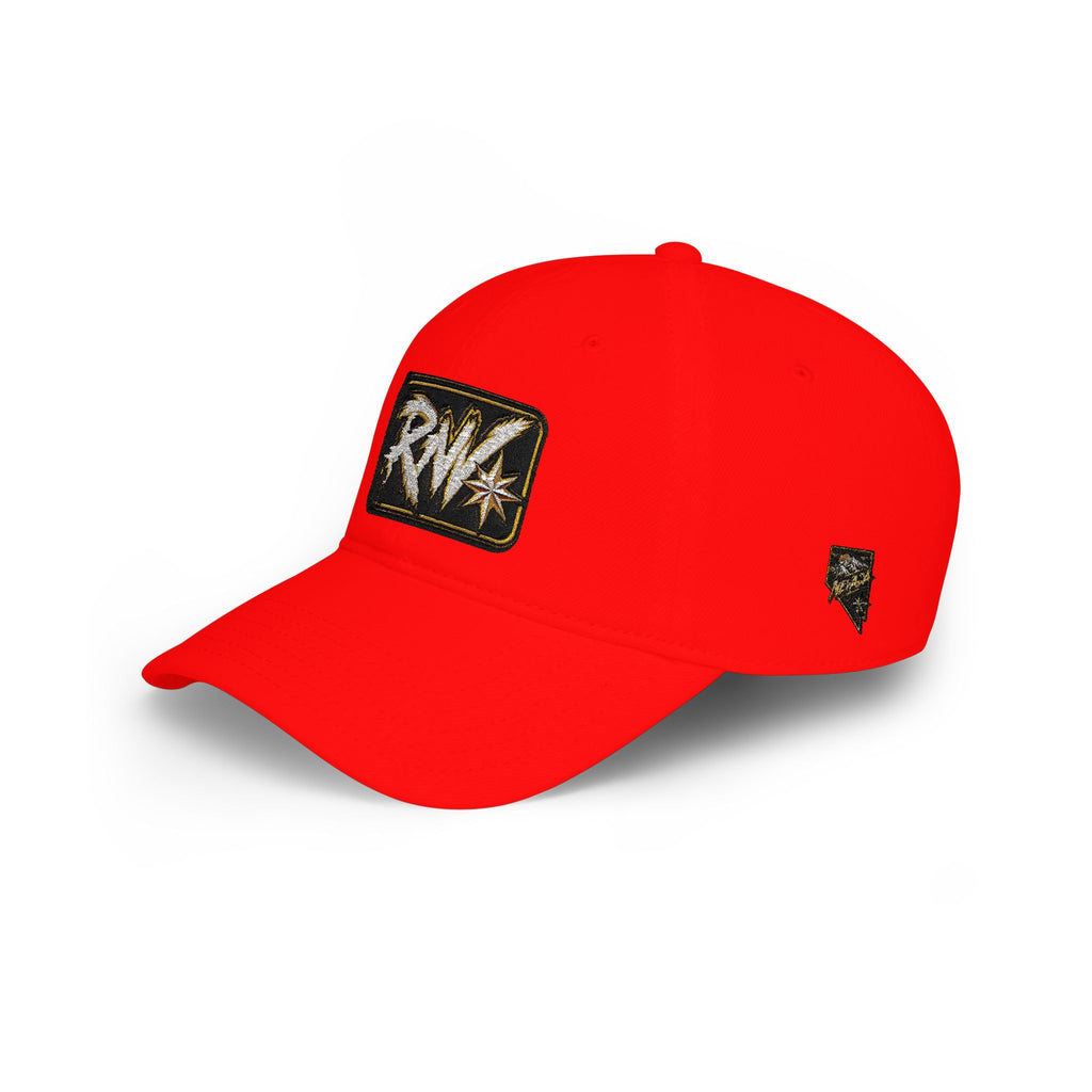 Hat-Red Low-Profile Baseball Cap with 'RW' Embroidered Patch — Casual Everyday Dad Hat