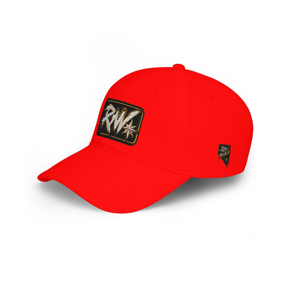 Hat-Red Low-Profile Baseball Cap with 'RW' Embroidered Patch — Casual Everyday Dad Hat