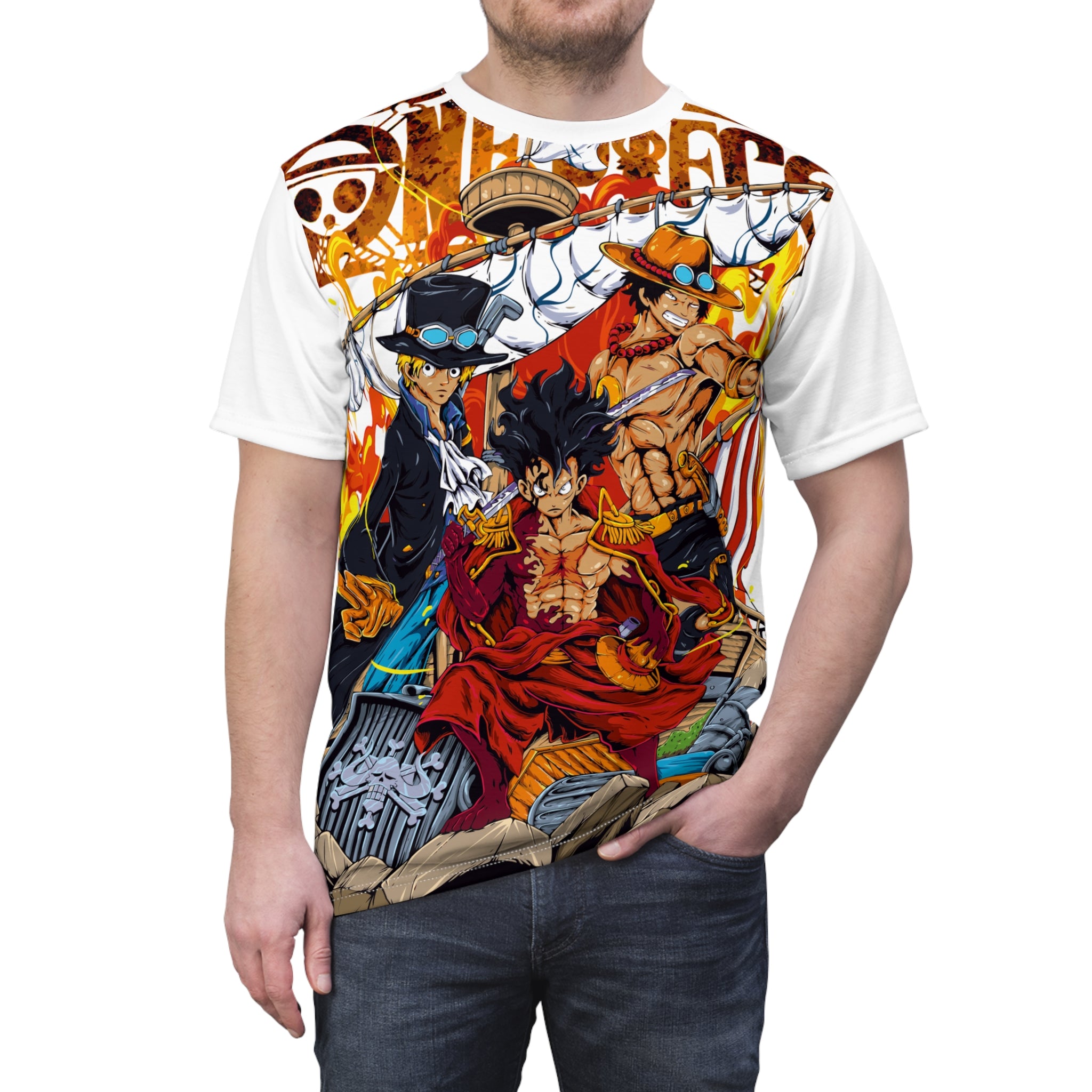 Anime- Pirate Crew All-Over Print Tee — One Piece Luffy, Ace & Sabo Graphic Shirt