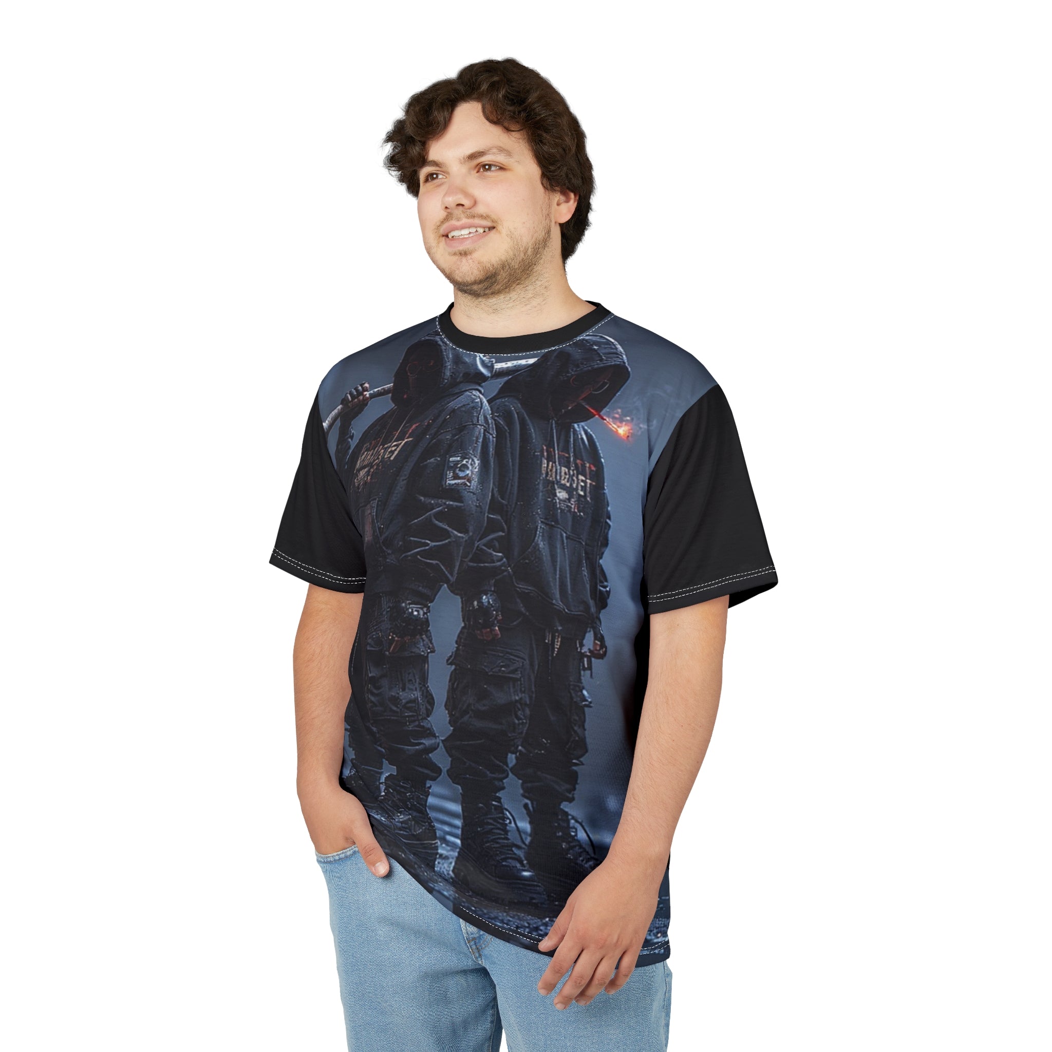 Mindset- Dystopian Streetwear Tee — Twin Hooded Figures All-Over Print