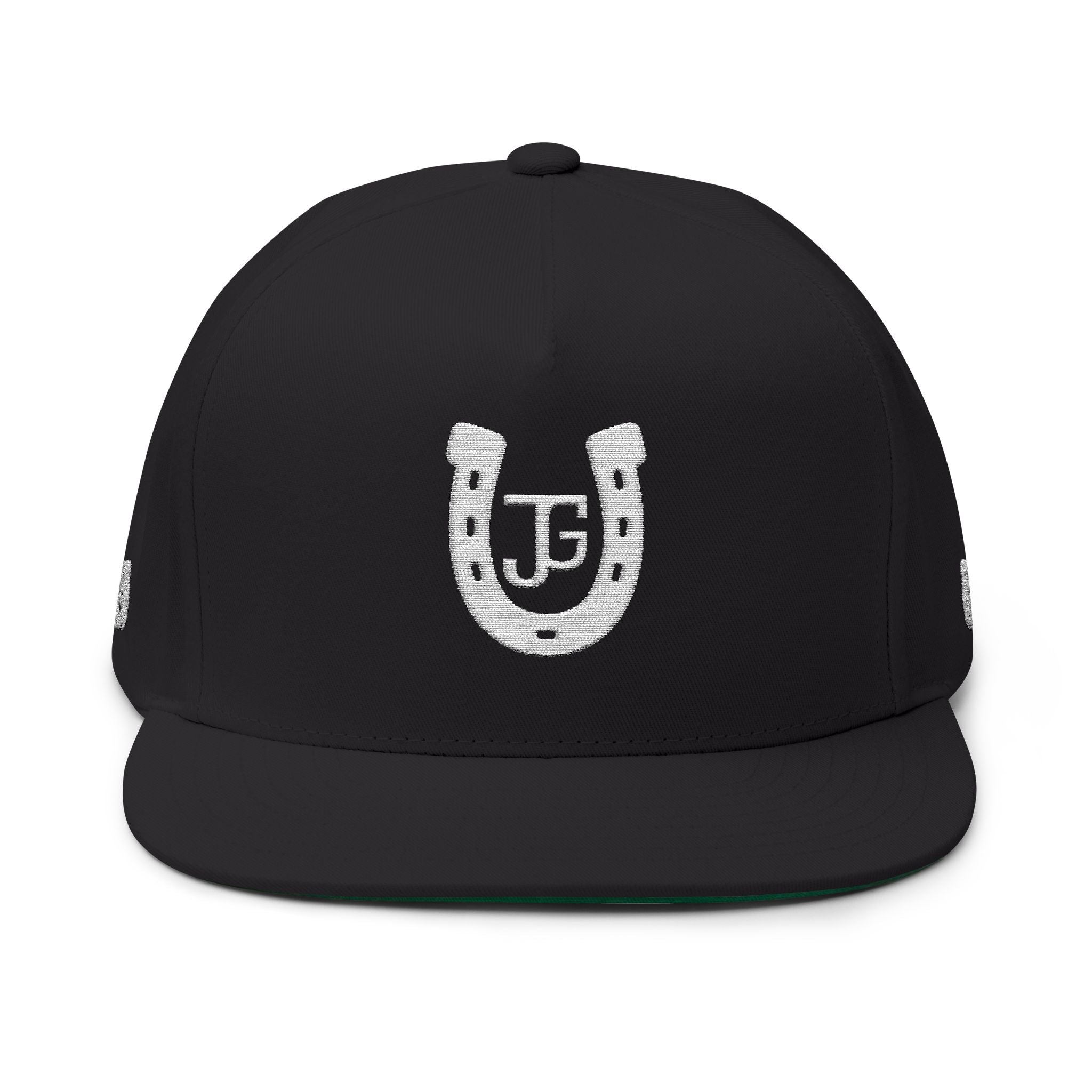 JG-Embroidered Horseshoe Flat Bill Cap — Lucky JG Logo Snapback