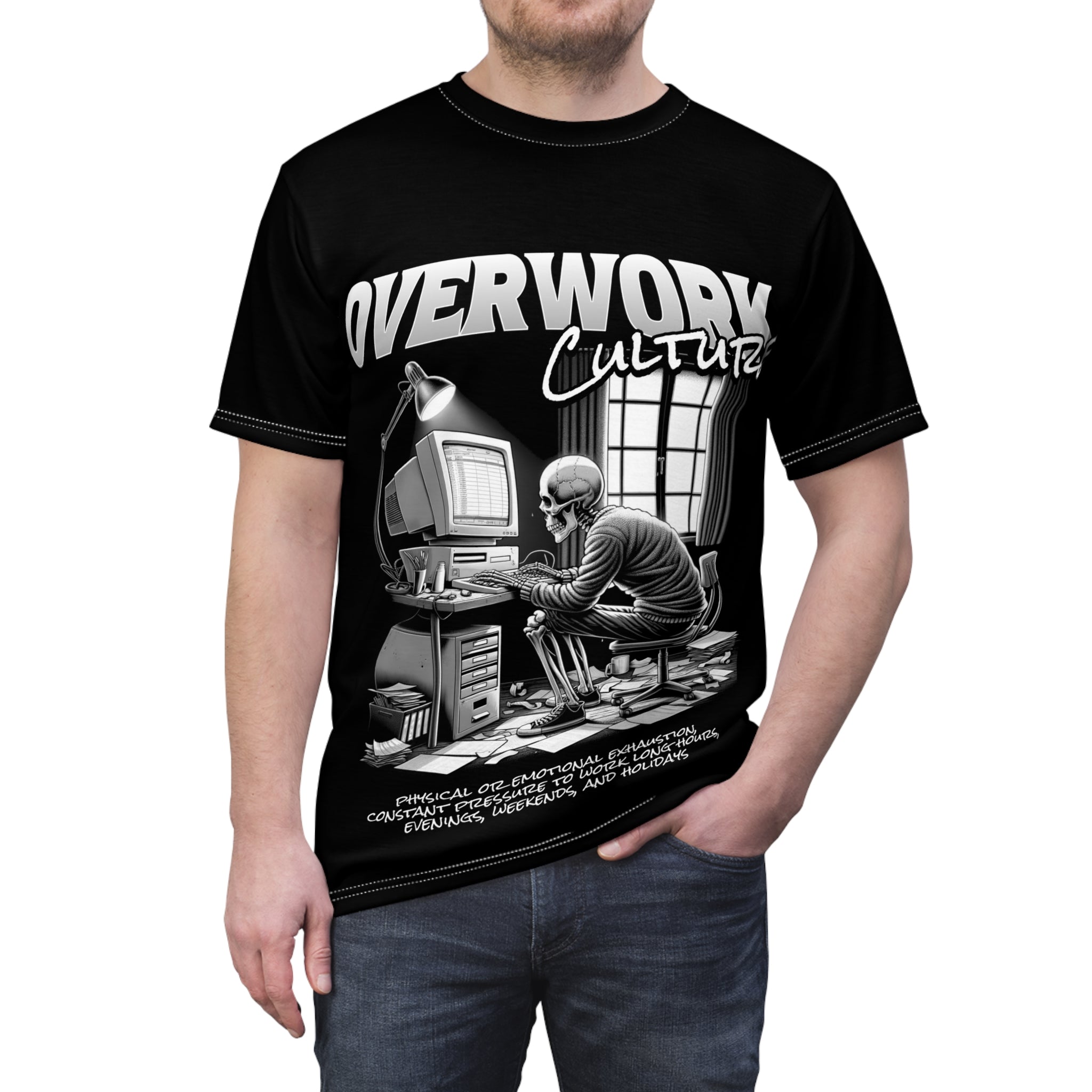 Mindset-Overwork Culture Tee — Skeleton at Desk All-Over Print