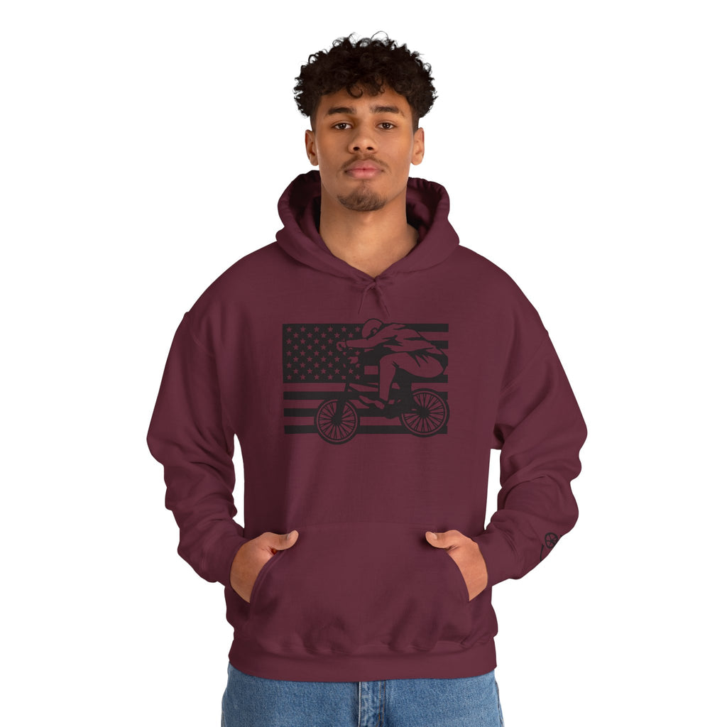Rad-Biker American Flag Hoodie — 'Is My Bike Okay?' Graphic Hooded Sweatshirt