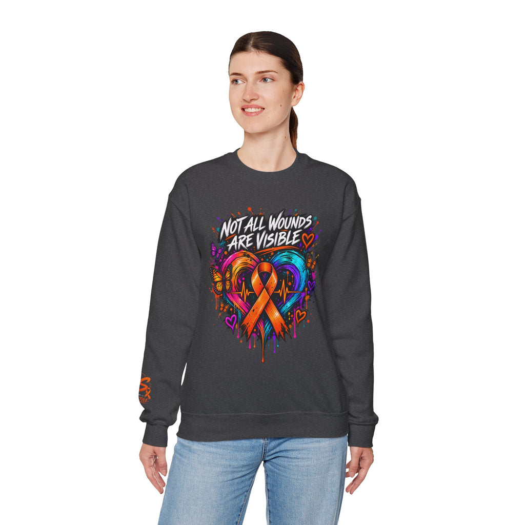 MS- Awareness Crewneck Sweatshirt — "Not All Wounds Are Visible" Orange Ribbon Design
