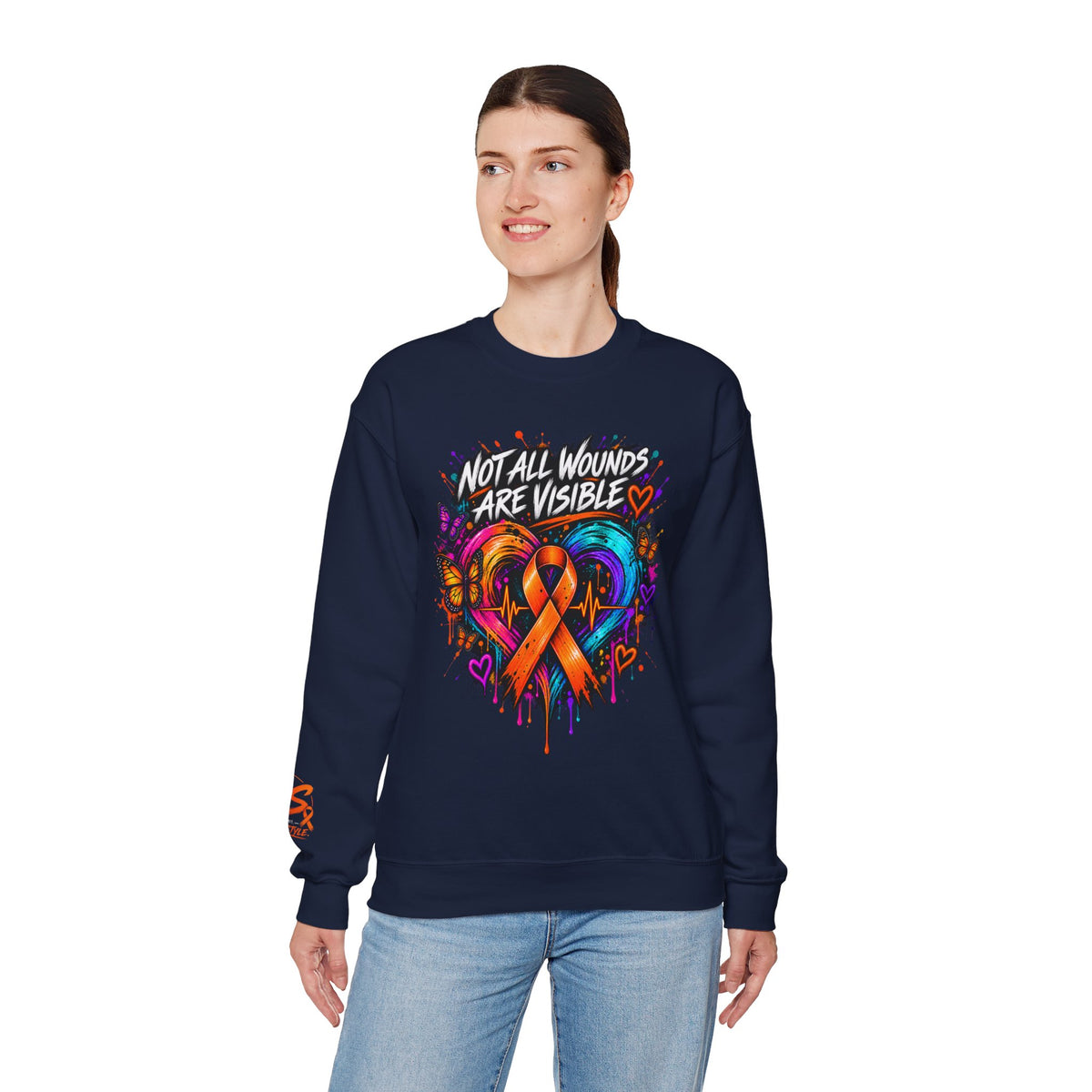 MS- Awareness Crewneck Sweatshirt — "Not All Wounds Are Visible" Orange Ribbon Design