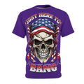 America-Patriotic Skull Tee — "Just Here to Bang" American Flag Graphic Shirt